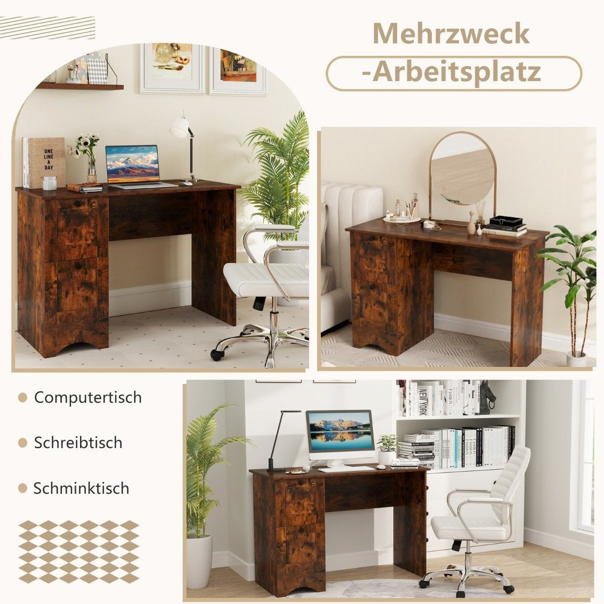 Houten bureau met laptop, stoel en planten in verschillende settings.