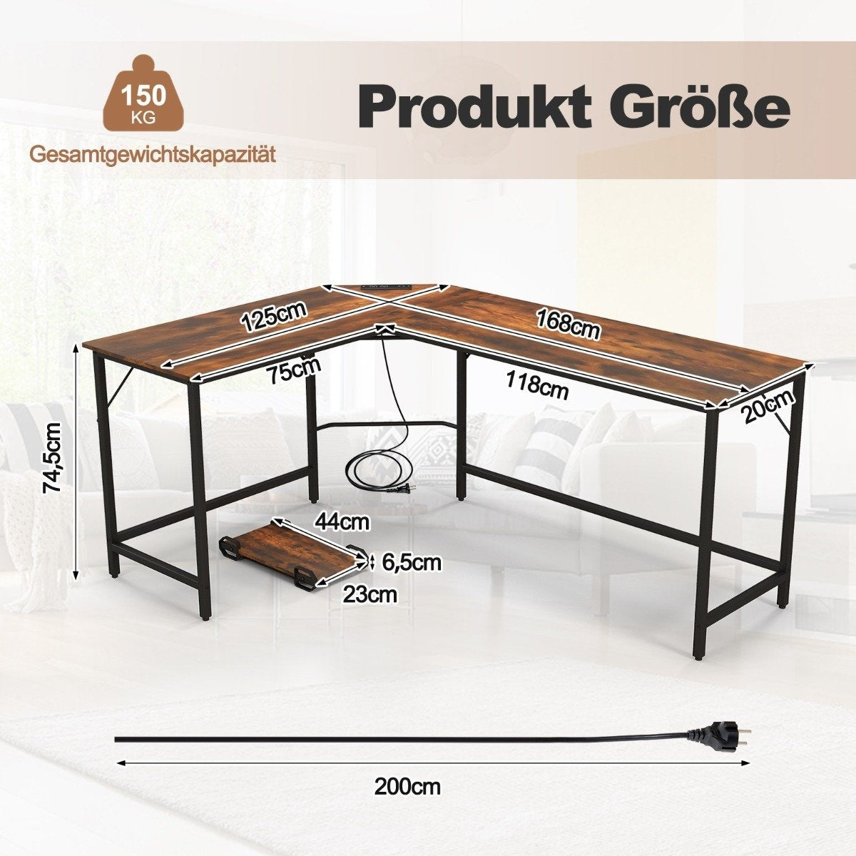 Hoekbureau met afmetingen: 125x75cm, 168x118cm. Hoogte 74,5cm. Capaciteit 150kg.