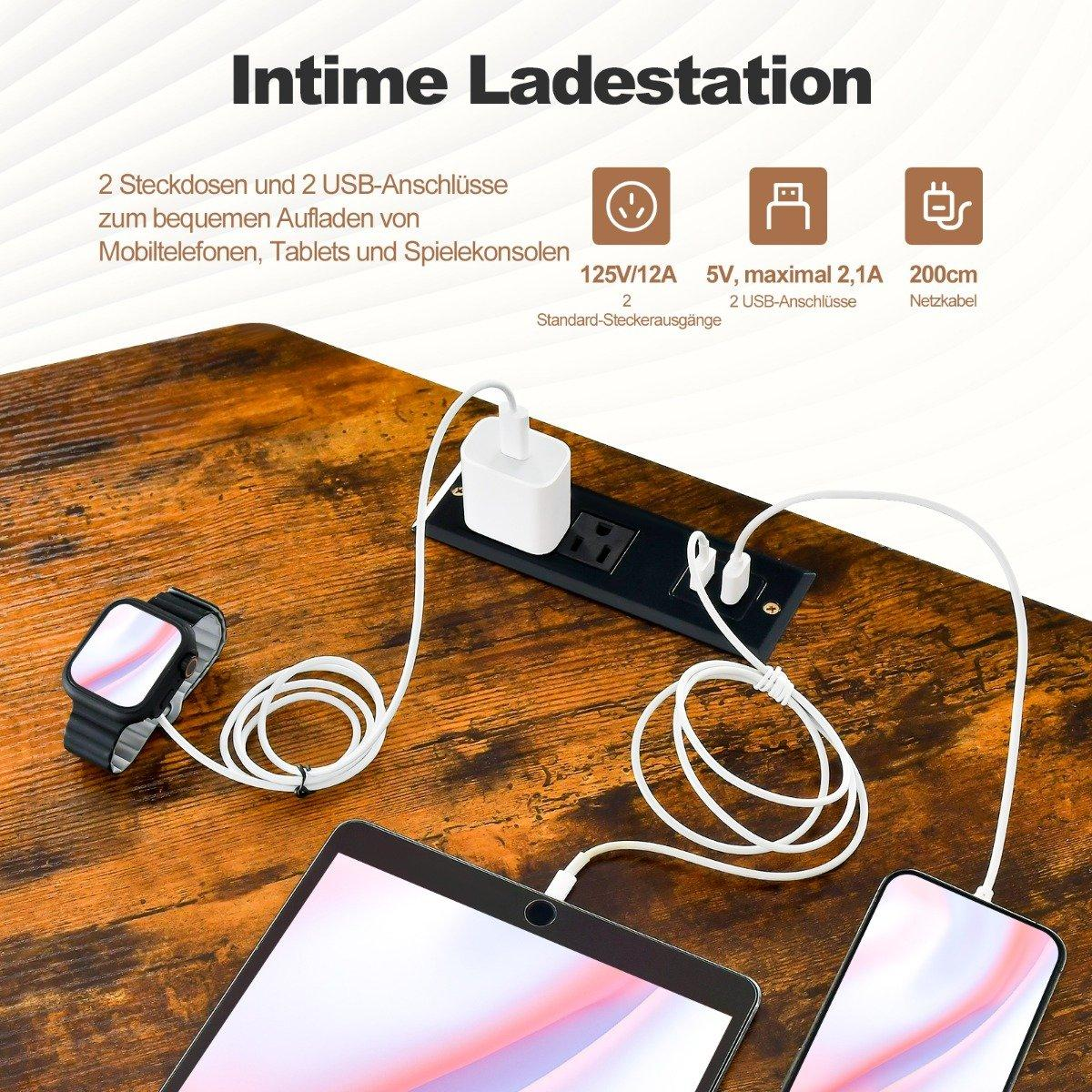 Laadstation met 2 stopcontacten, 2 USB-poorten, horloge, tablet, smartphone.