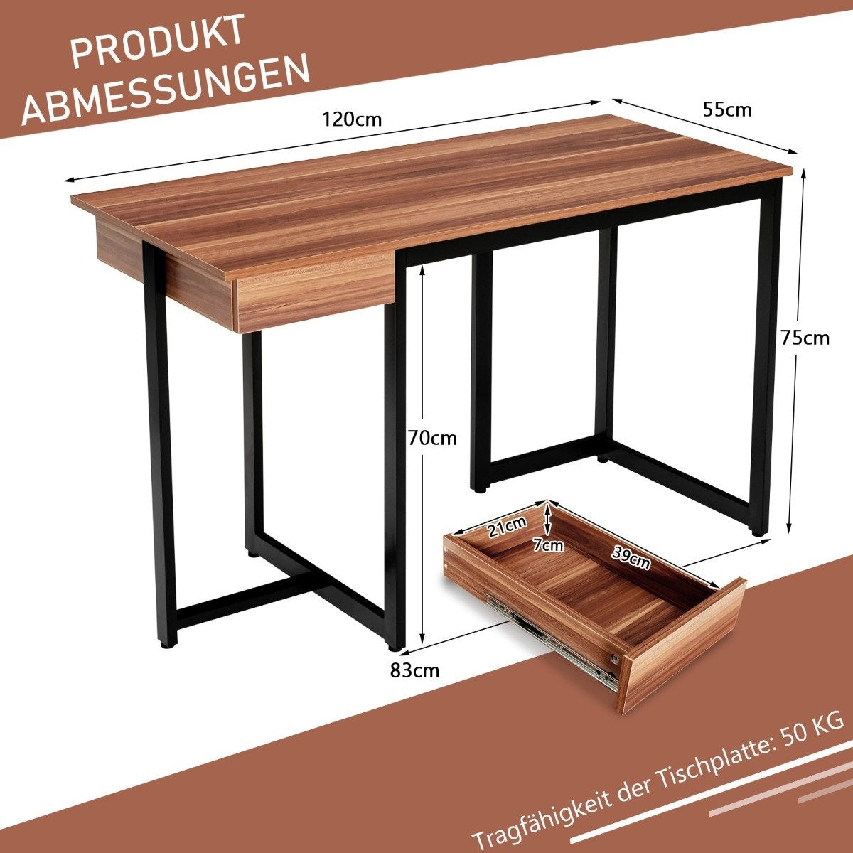 Houten bureau met zwart metalen poten, afmetingen getoond.