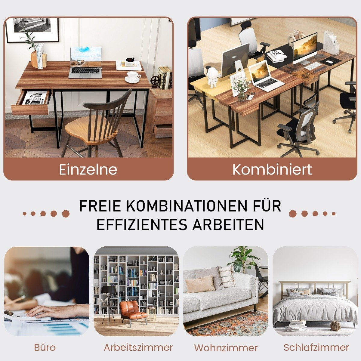 Meerdere afbeeldingen tonen kantoormeubilair, studeerkamer, woonkamer en slaapkamer.