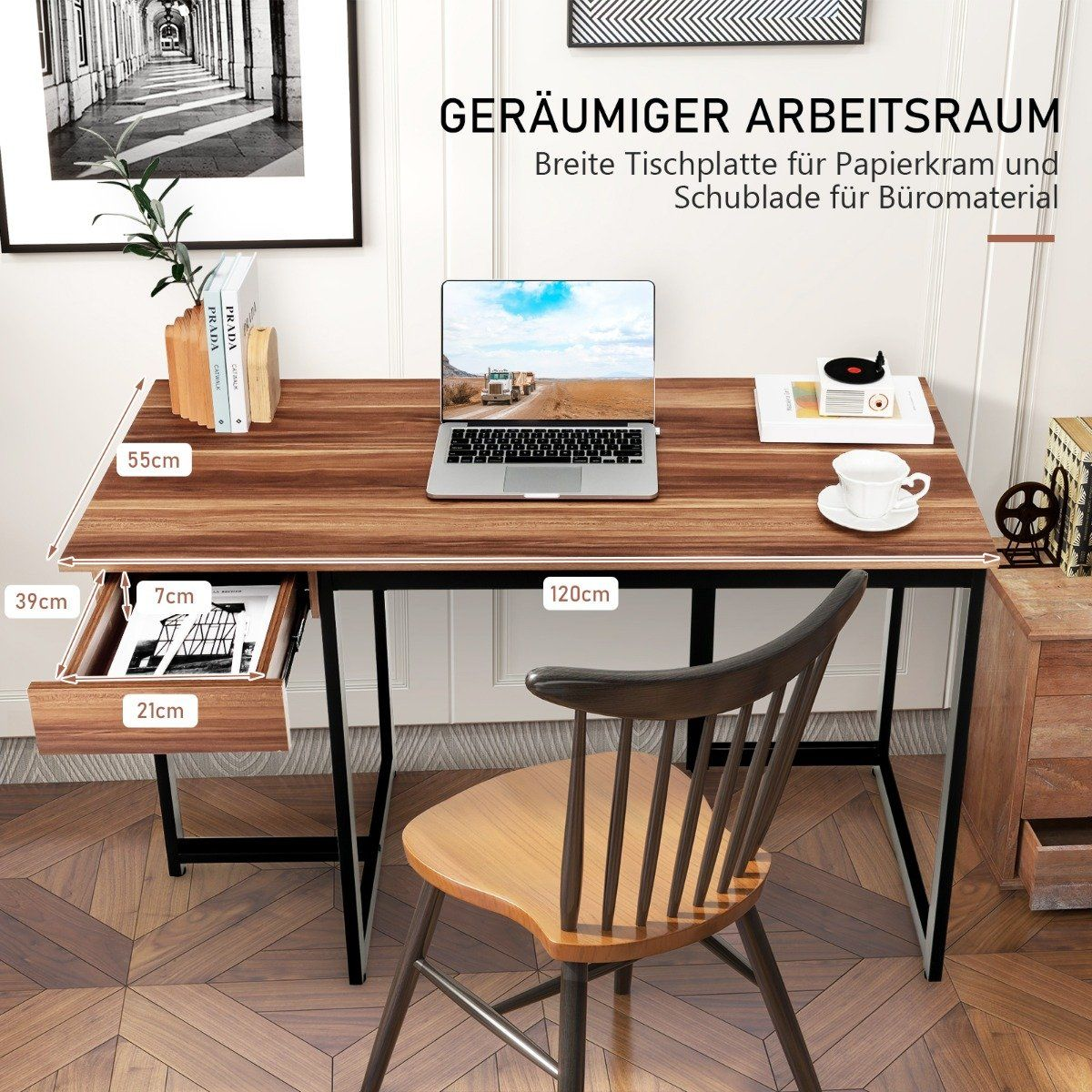 Een houten bureau met laptop, kopje en lade. Afmetingen aangegeven.