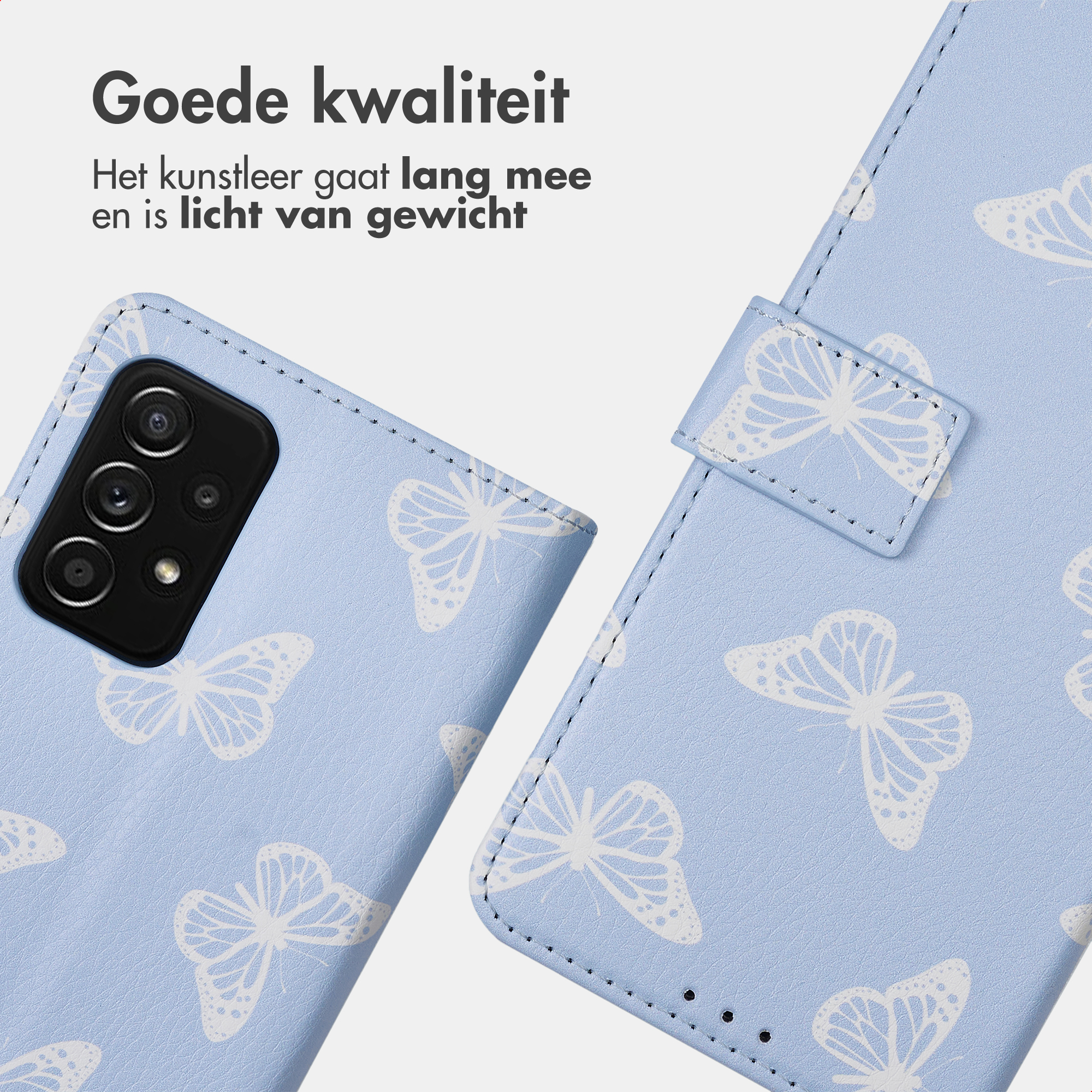 Lichtblauwe telefoonhoes met wit vlinderpatroon en cameramodule.