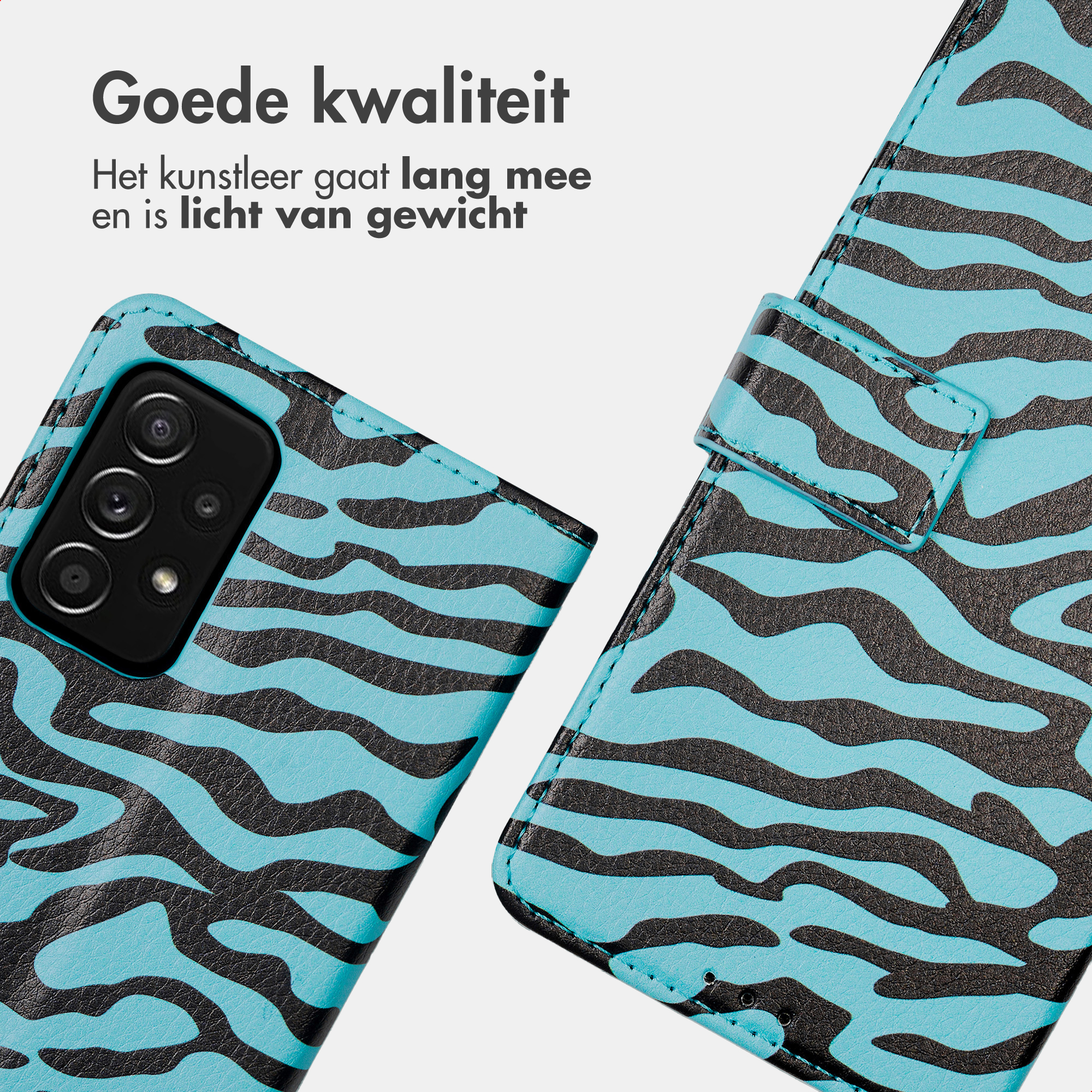 Telefoonhoesje met blauw en zwart zebrapatroon. De achterkant toont de camera-opstelling.
