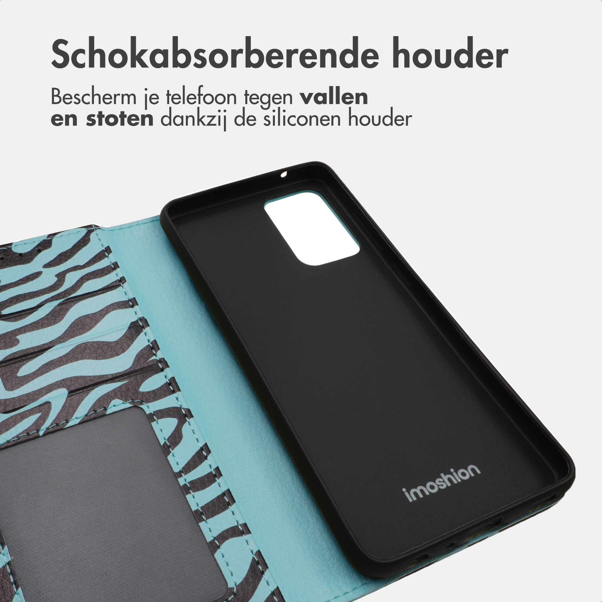 Zwarte telefoonhoes met turquoise zebraprint en kaartsleuven.