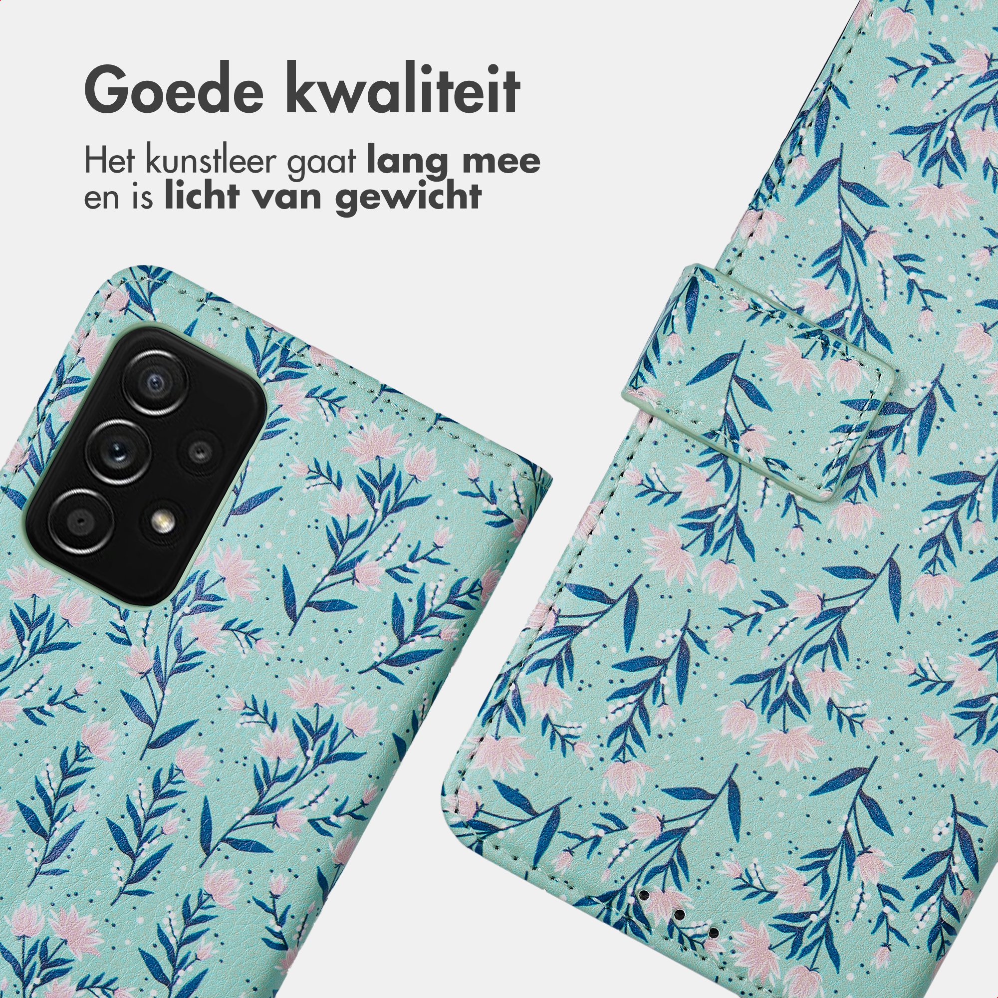 Lichtgroene telefoonhoes met roze bloemen en donkerblauwe bladeren.