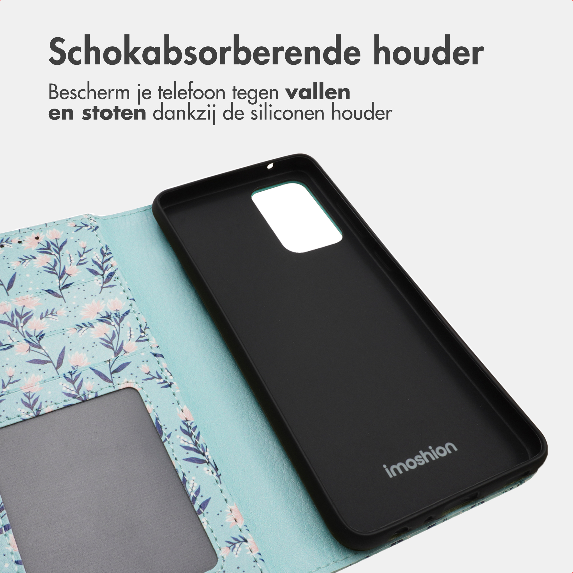 Zwarte telefoonhoes met bloemenpatroon links en "imoshion" logo.