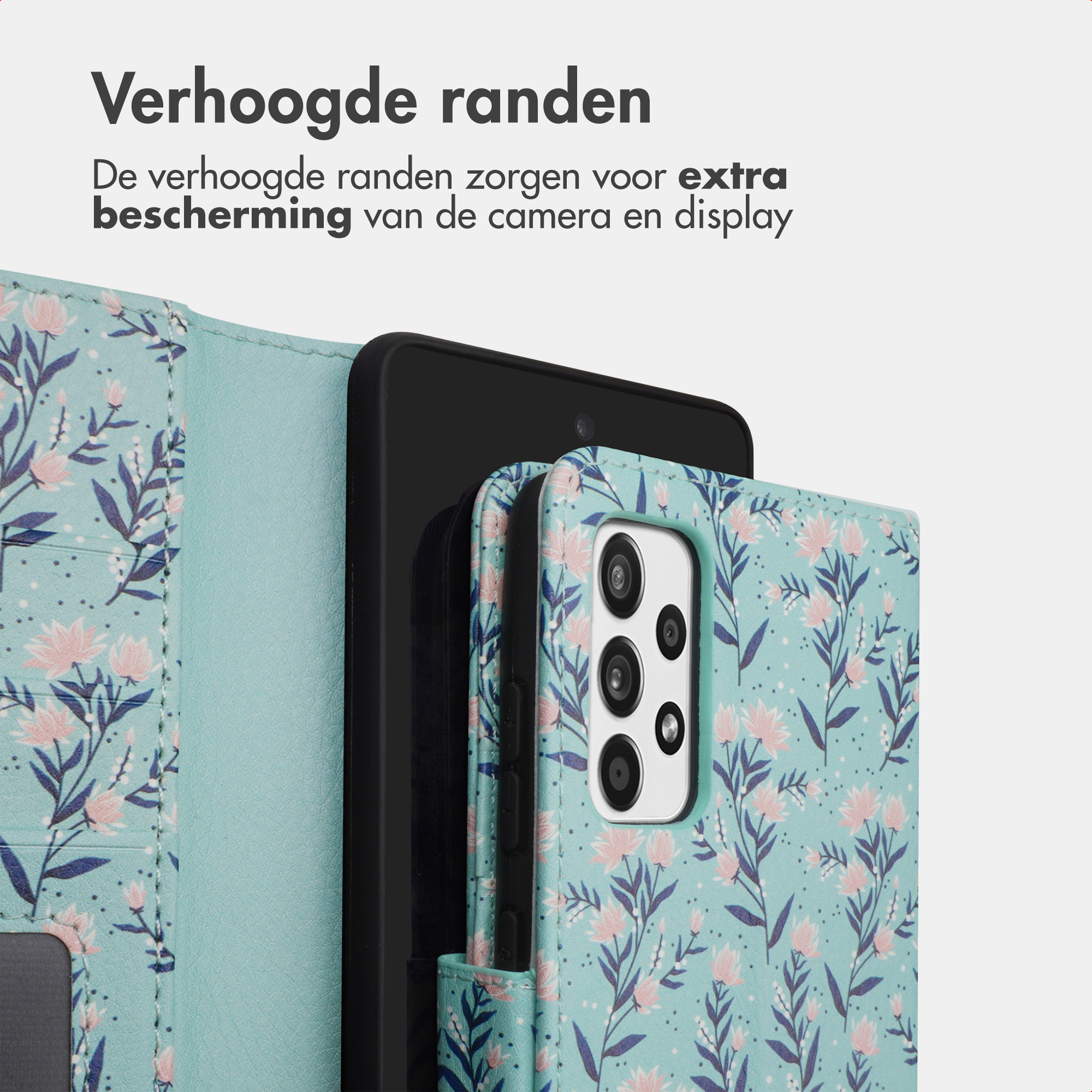 Een mintgroene telefoonhoes met bloemenprint die een telefooncamera toont.