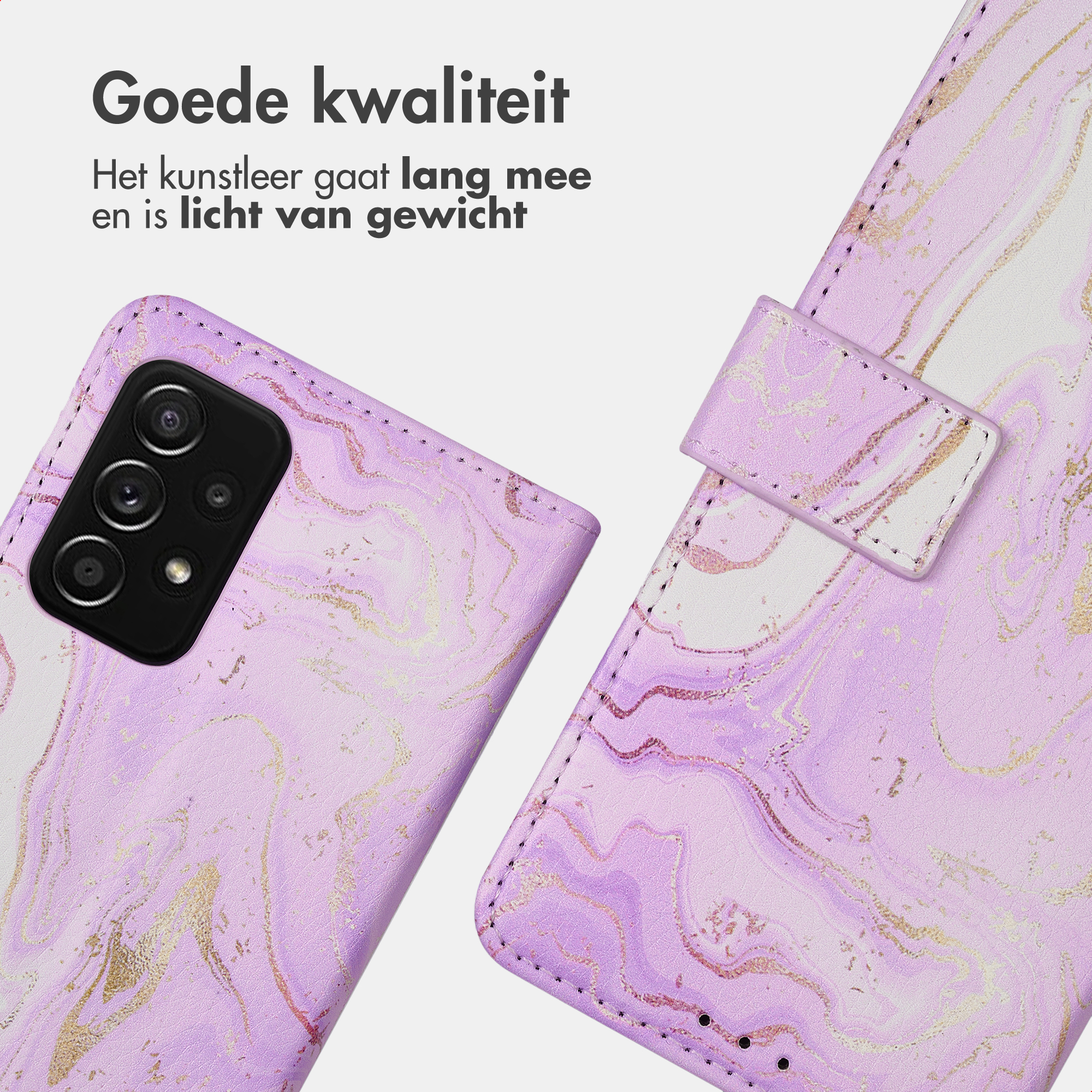 Paarse marmeren telefoonhoes met camerasysteem en sluitlip.