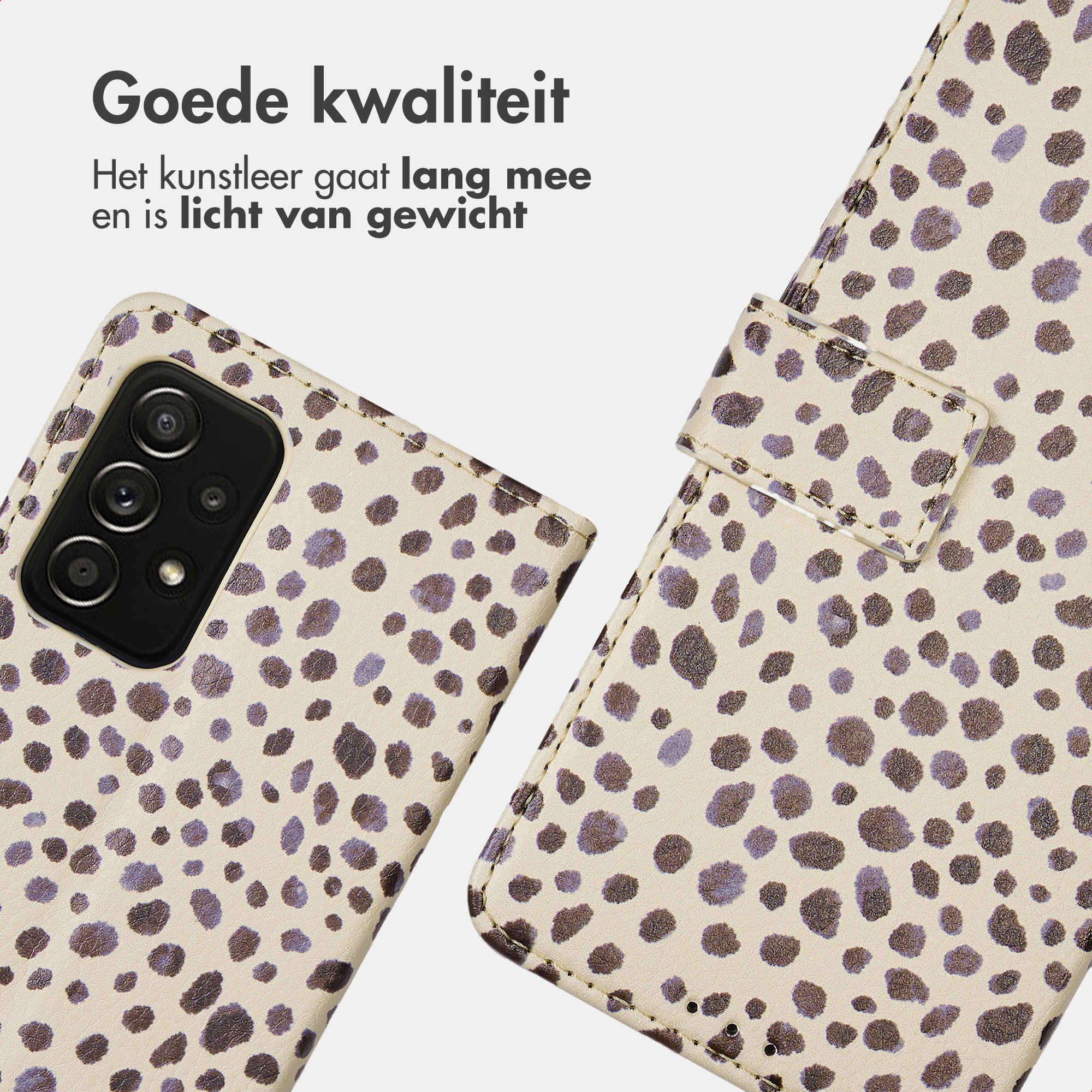 Telefoonhoesje met luipaardprint op lichte achtergrond.