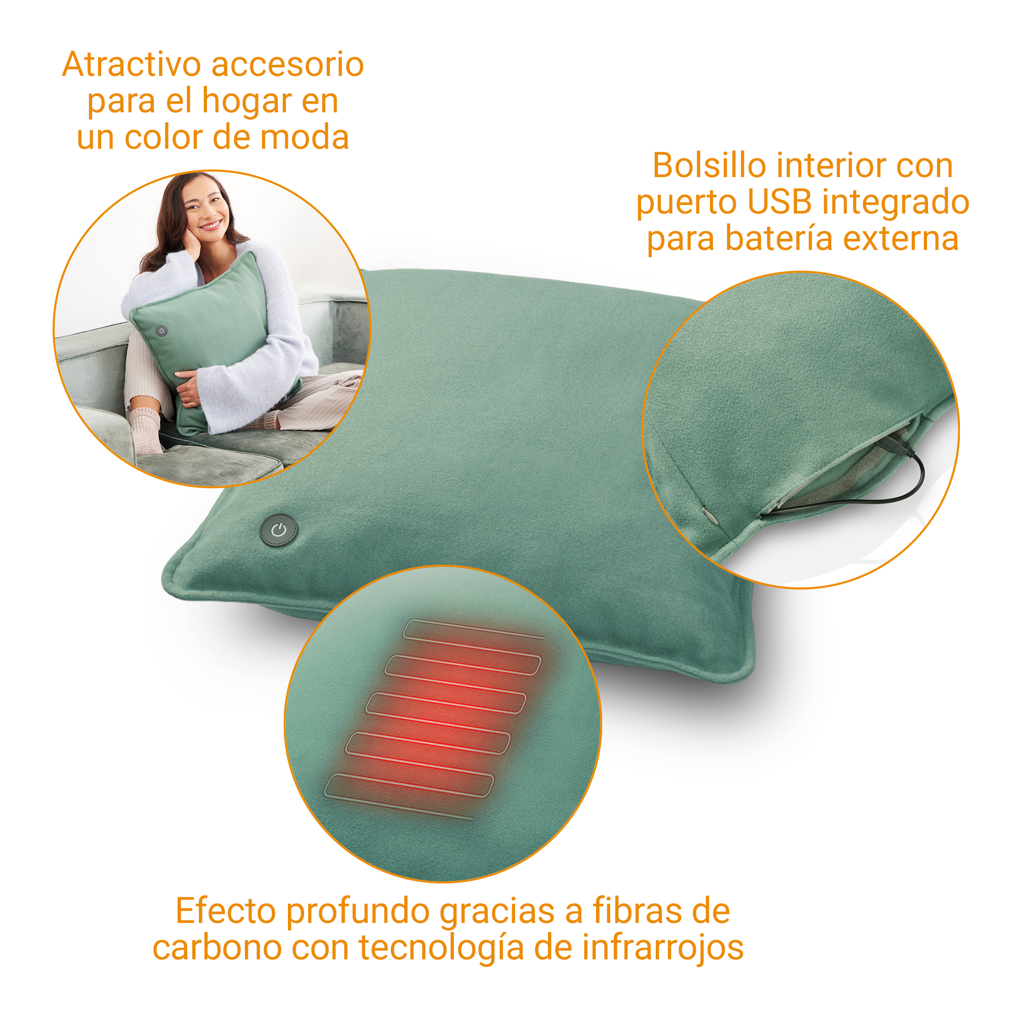 Un cojín verde calefactable con puerto USB y elementos calefactores.