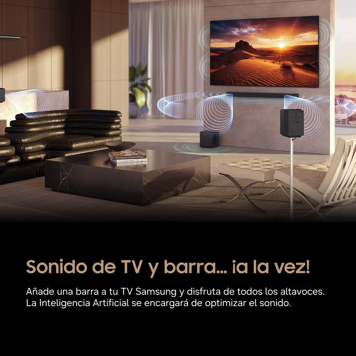 Un salon moderne avec TV, barre de son et haut-parleurs avec ondes sonores.