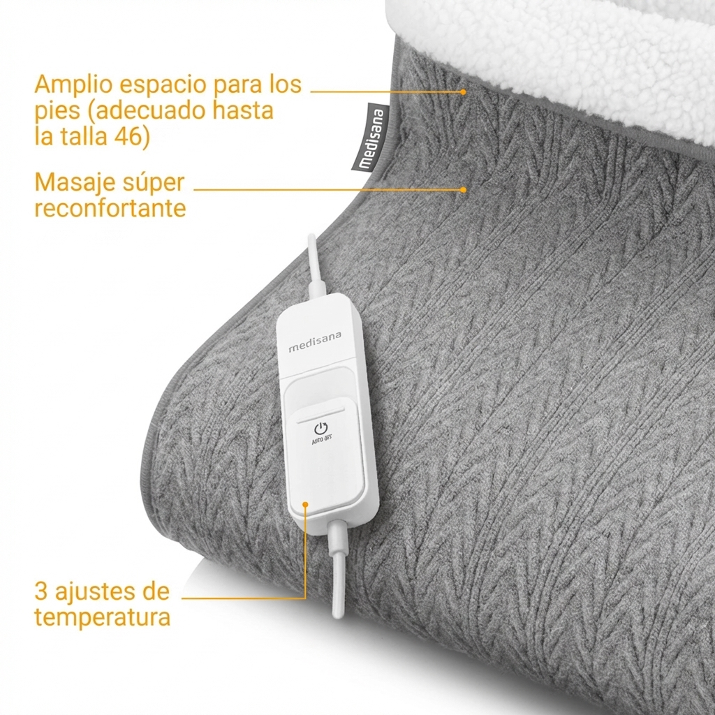 Reposapiés calefactable gris con borde blanco, control blanco y cable.