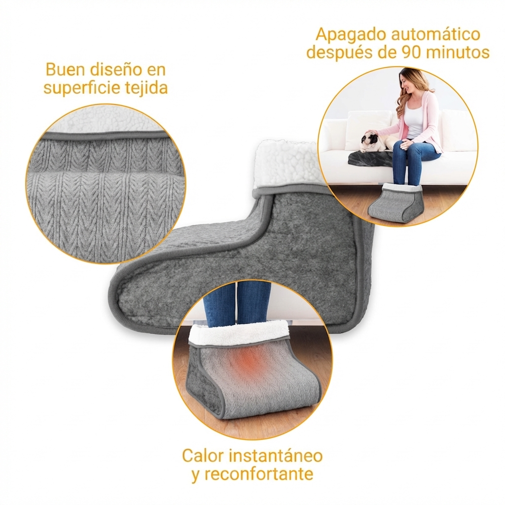 Calentador de pies gris estilo bota con forro sherpa. Primer plano de textura tejida.
