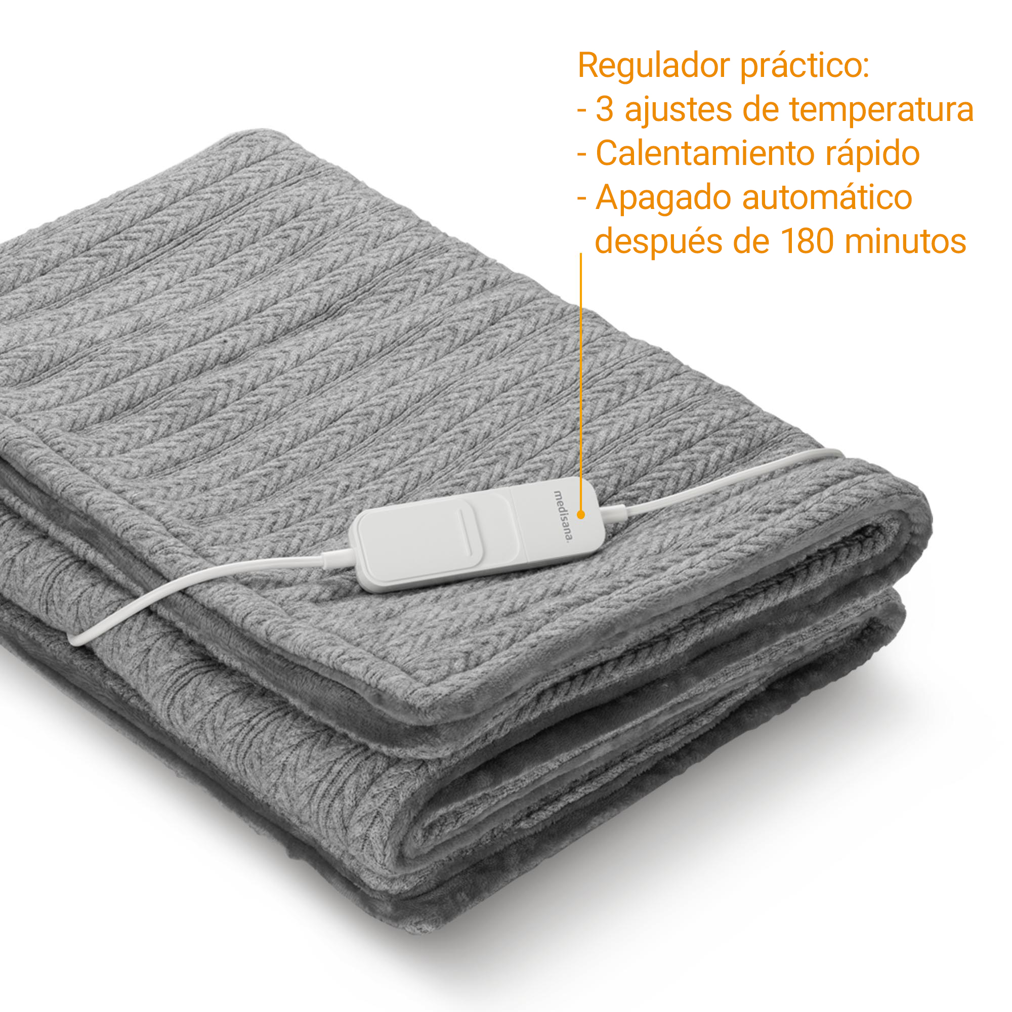 Gray heated blanket with white controller: 3 settings, fast heating, auto shut-off.