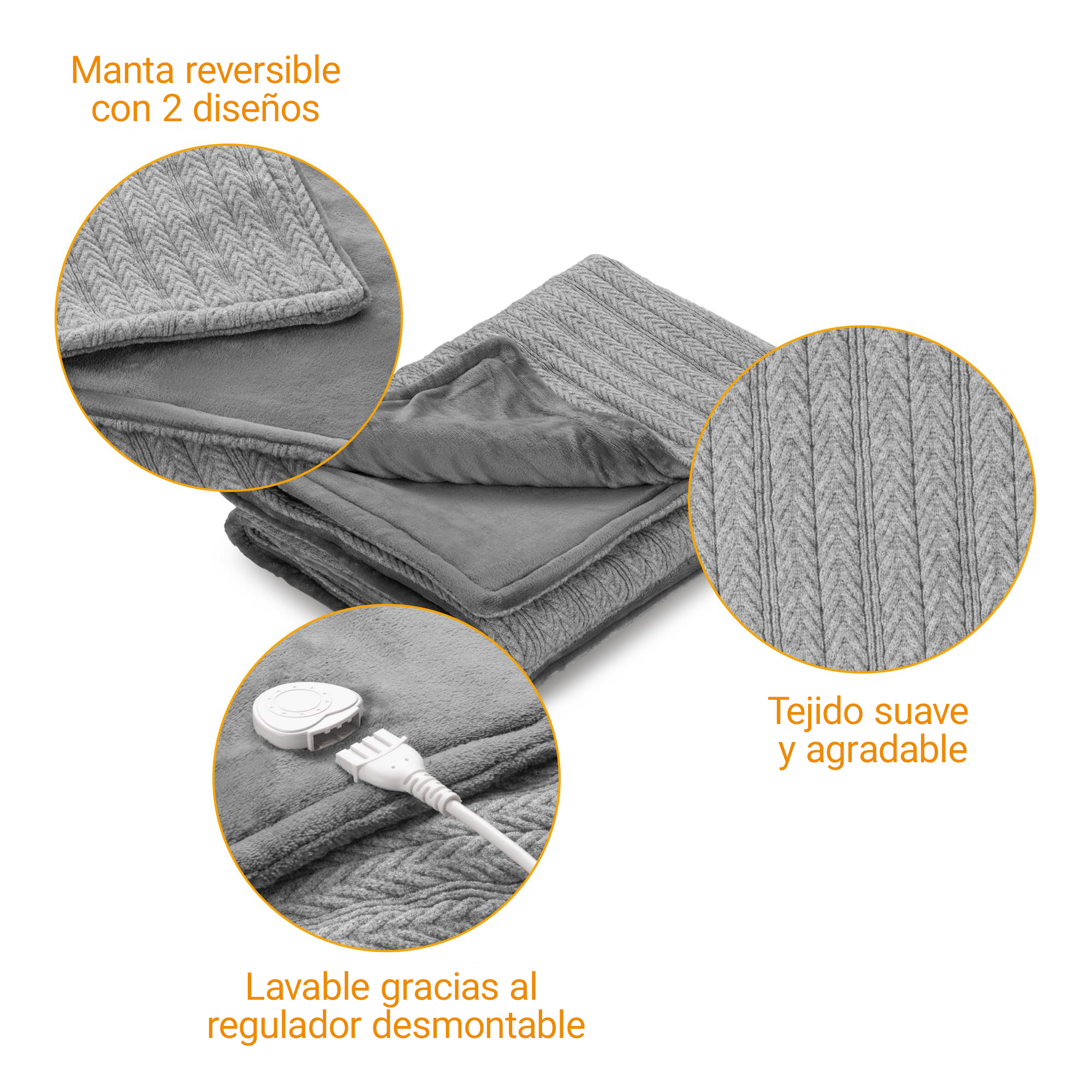 Gray blanket with two designs, detachable controller, and soft fabric.