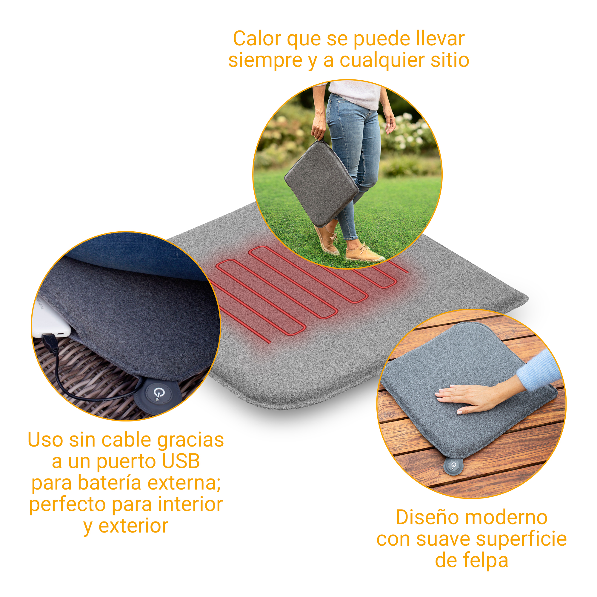 Cojín térmico gris con elementos calefactores rojos, puerto USB y asa.