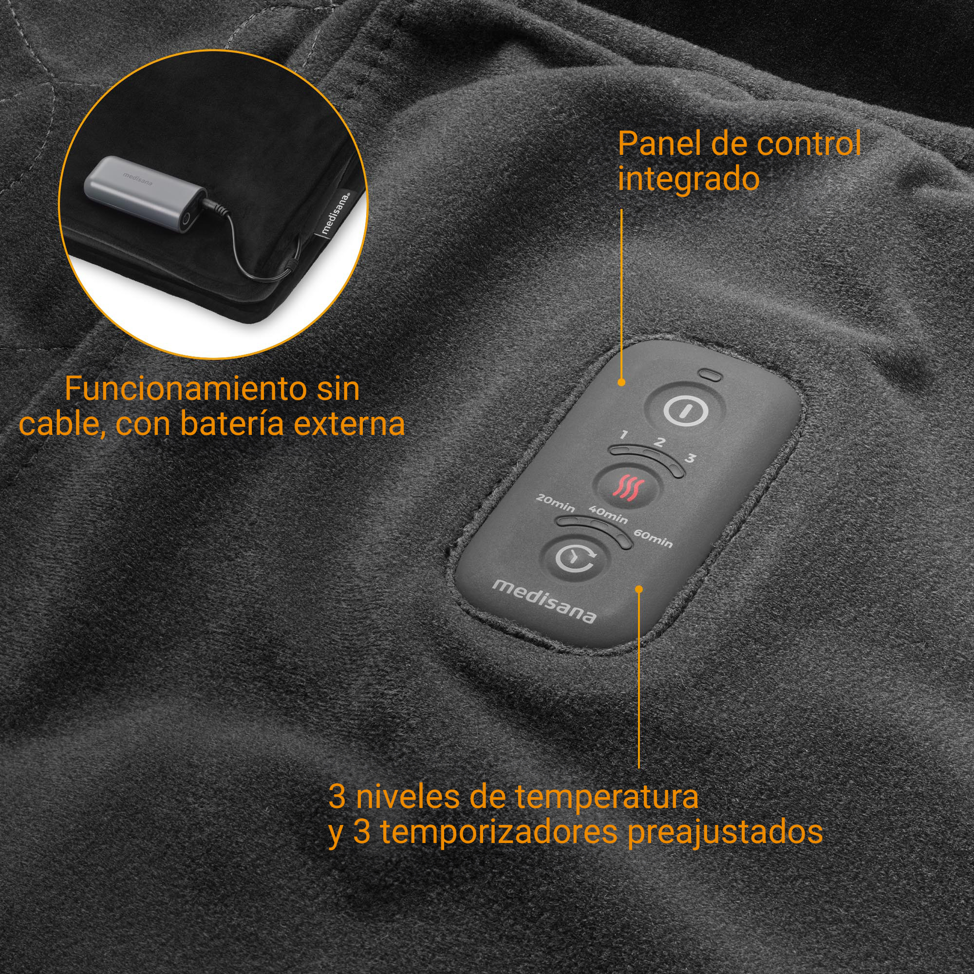 Una manta térmica negra con panel de control y batería externa.