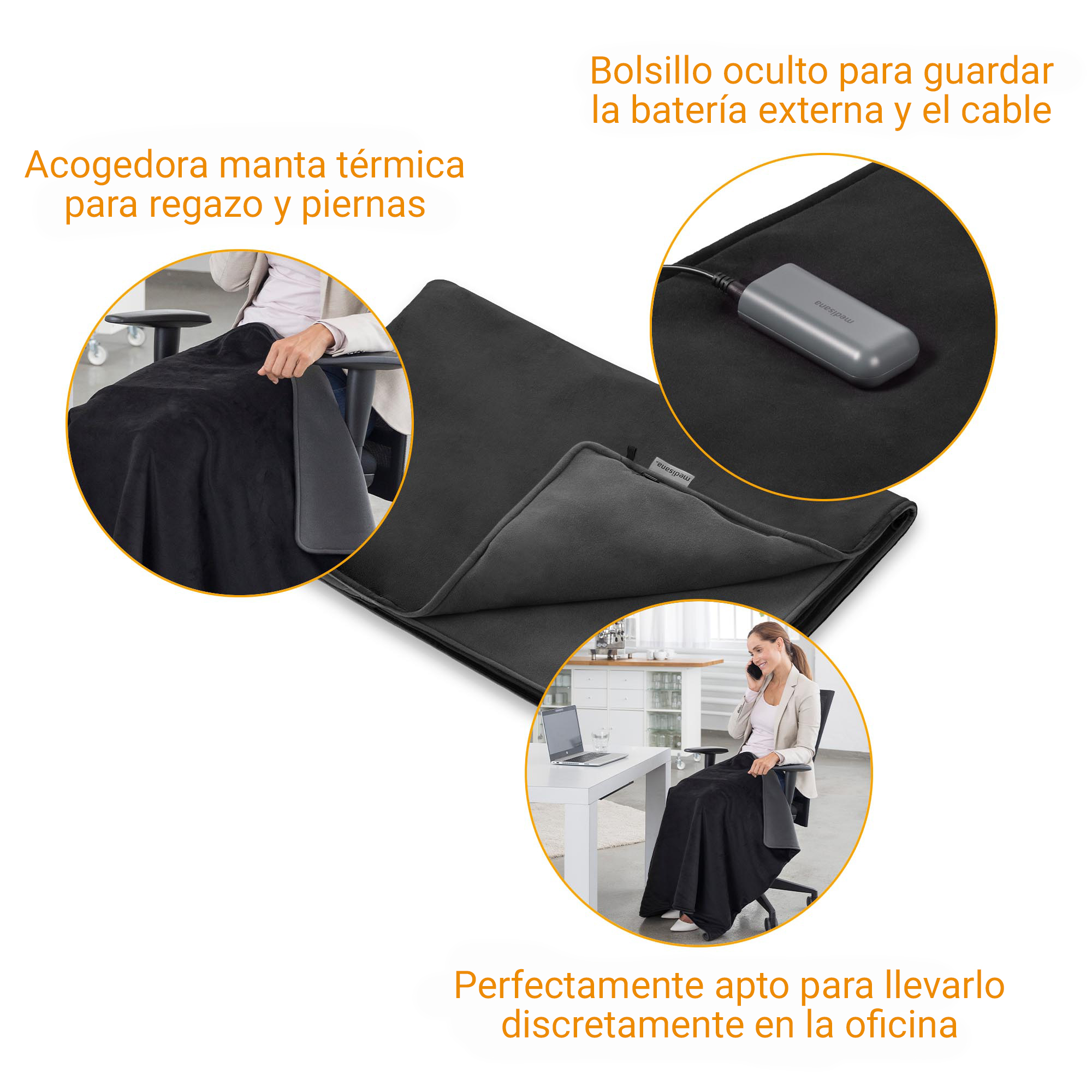 Manta térmica negra con bolsillo para batería, uso discreto en oficina.