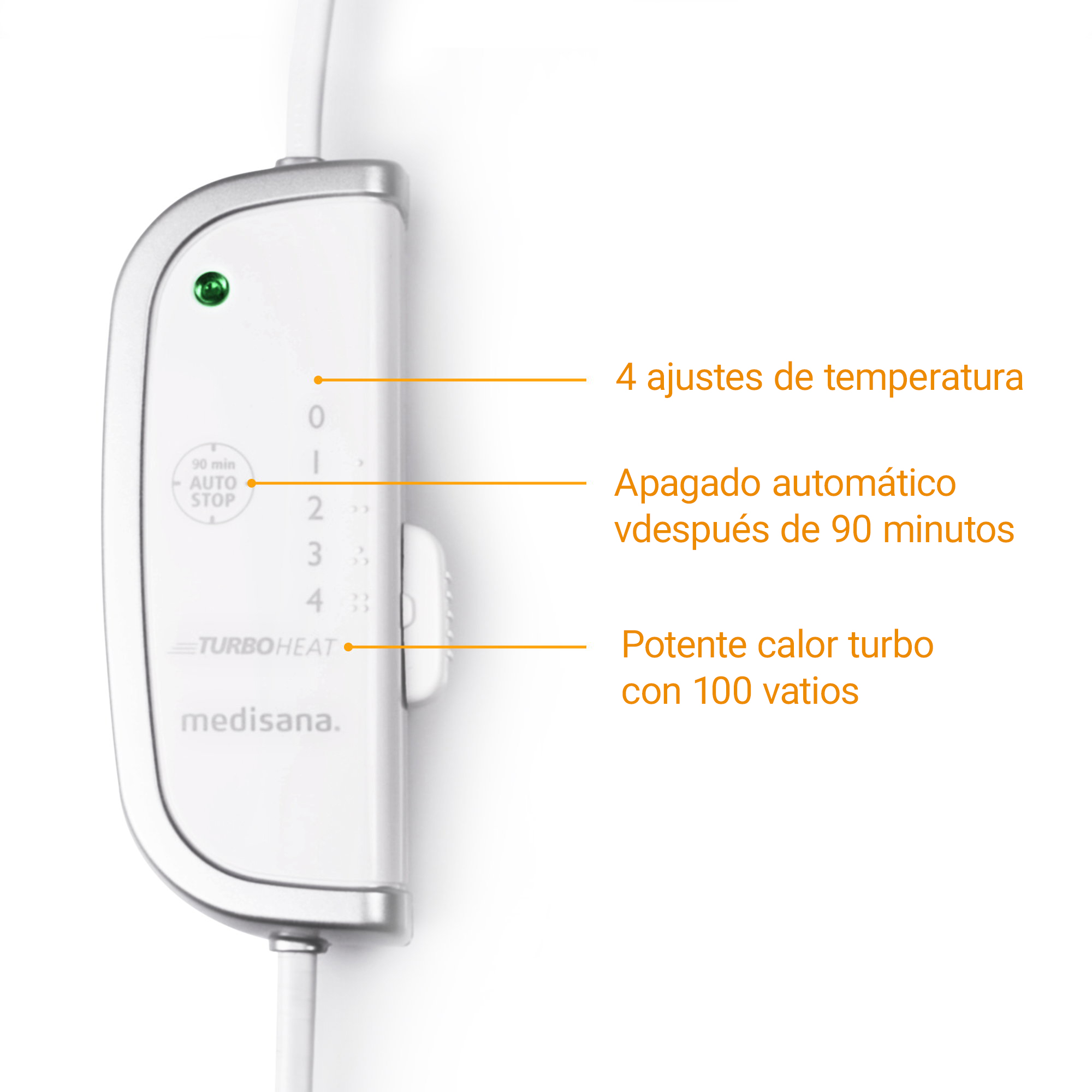 Controlador Medisana TurboHeat blanco con 4 ajustes de temp. y autoapagado 90 min.