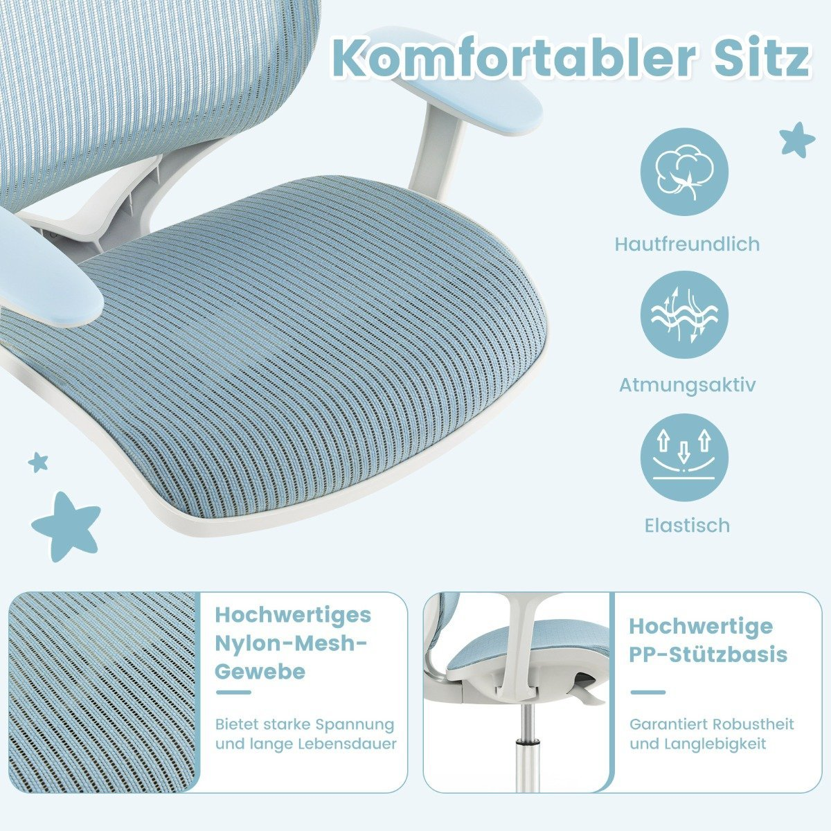 Een lichtblauwe bureaustoel van mesh met armleuningen en een comfortabele zitting.