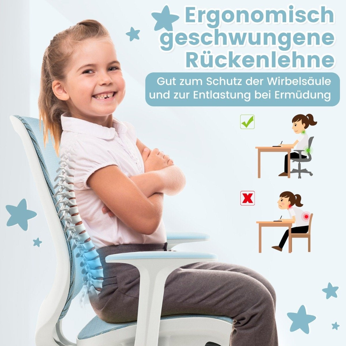 Een meisje zit in een ergonomische stoel, goed voor de ruggengraat. Twee diagrammen tonen houding.