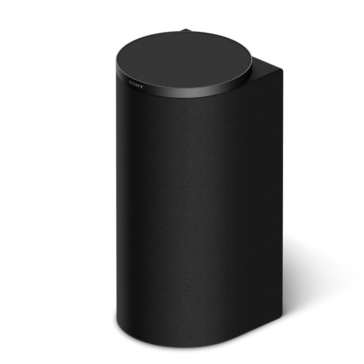 Un altavoz Sony negro con parte superior texturizada y cuerpo de tela sobre fondo blanco.