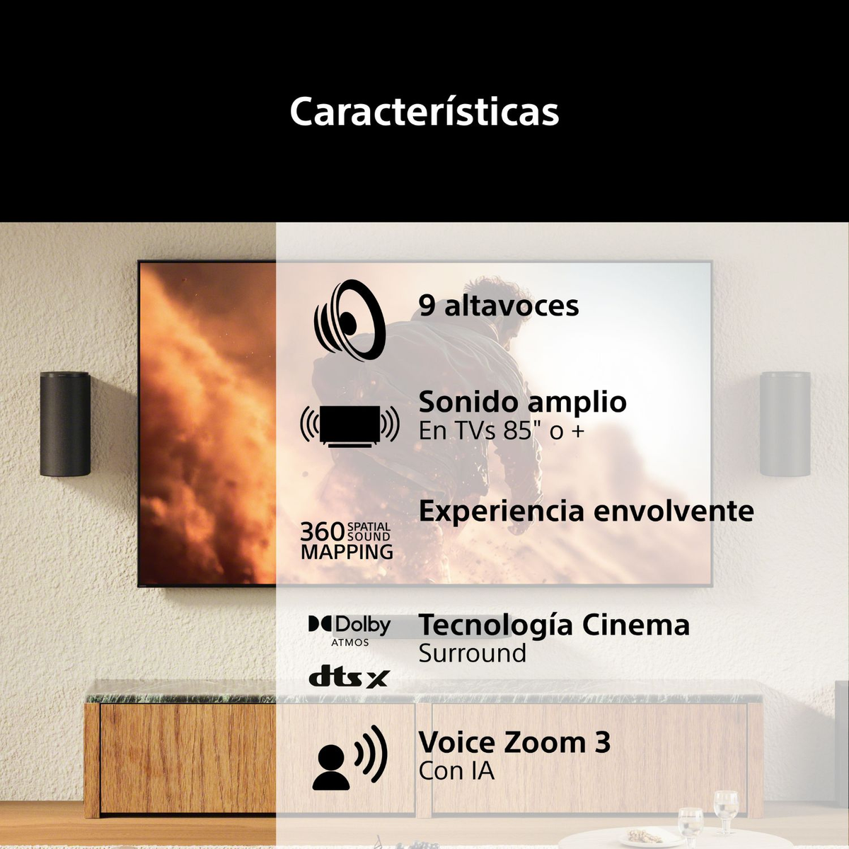 TV con 9 altavoces, sonido amplio, mapeo espacial 360°, tecnología cinema surround y Voice Zoom 3.