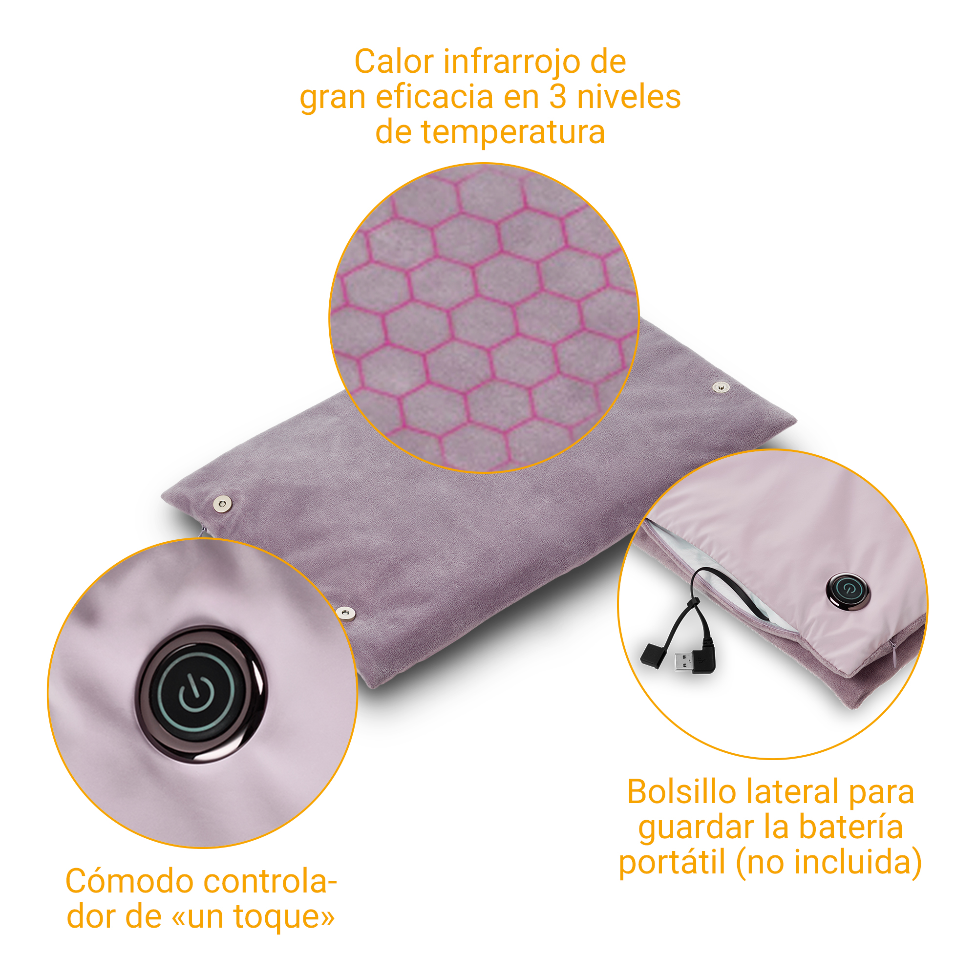 Una almohadilla térmica morada con botón, puerto USB y patrón de panal.