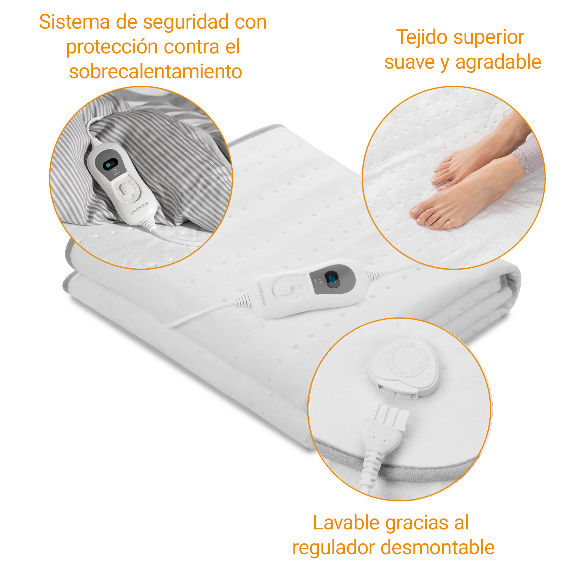 Una manta eléctrica blanca con mando desmontable y funciones de seguridad.