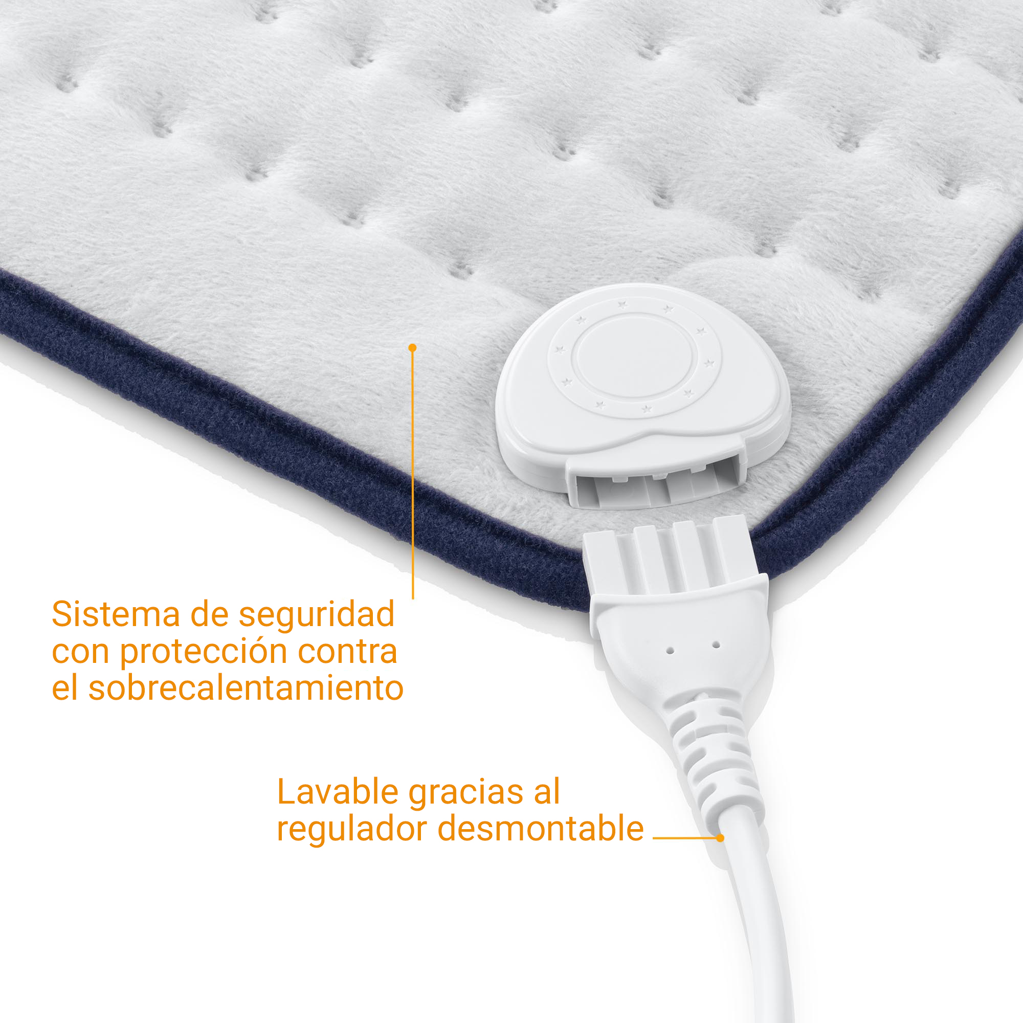 Soft white heated blanket with blue trim, white plug, and controller.