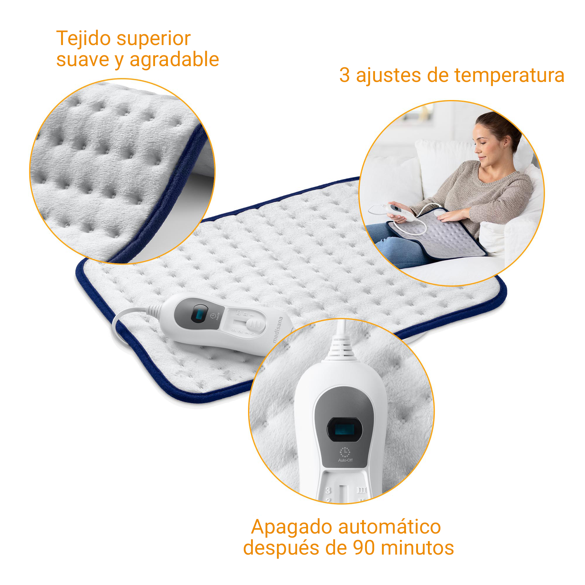 A white heating pad with a blue border and controller shown.