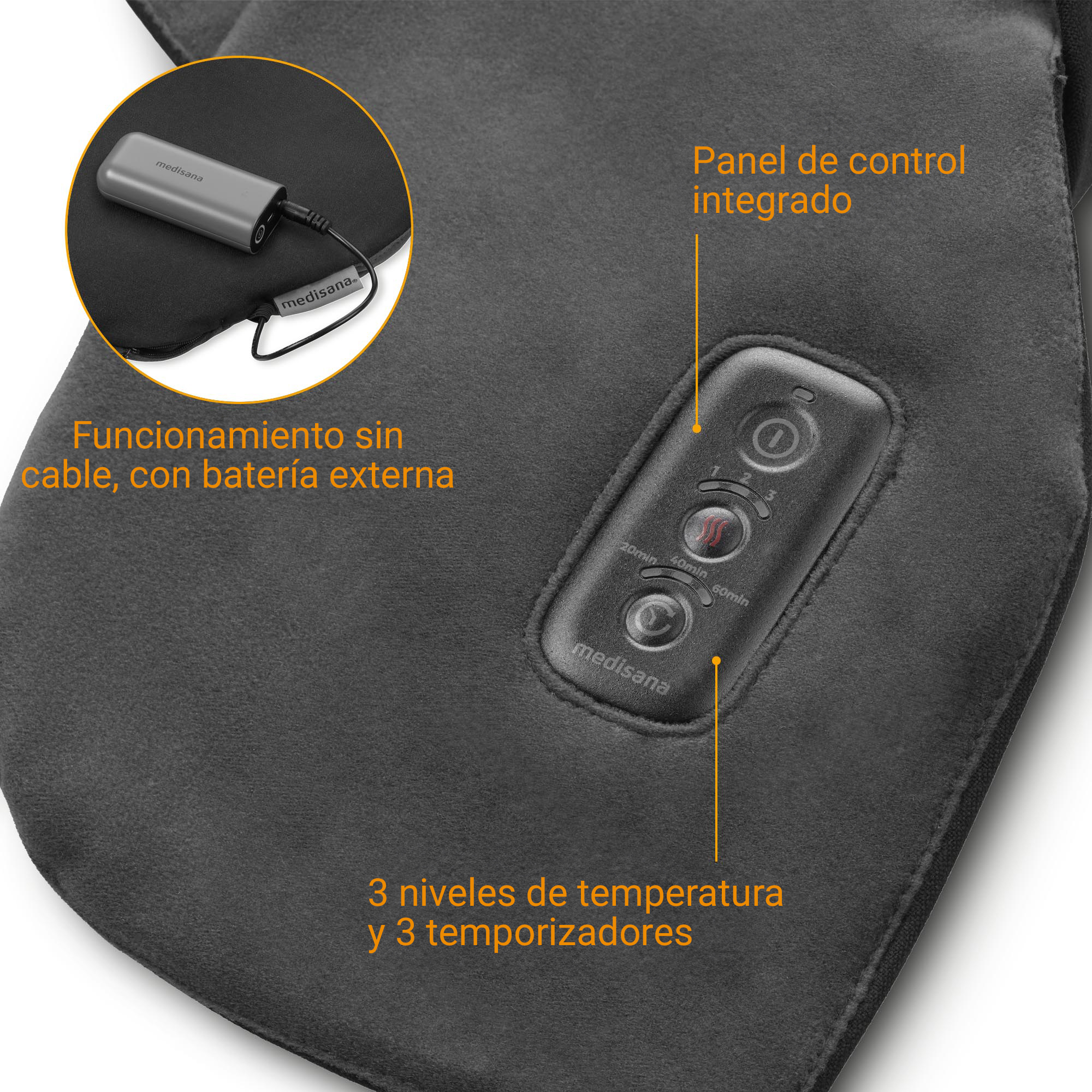 Almohadilla térmica gris con batería externa y panel de control.