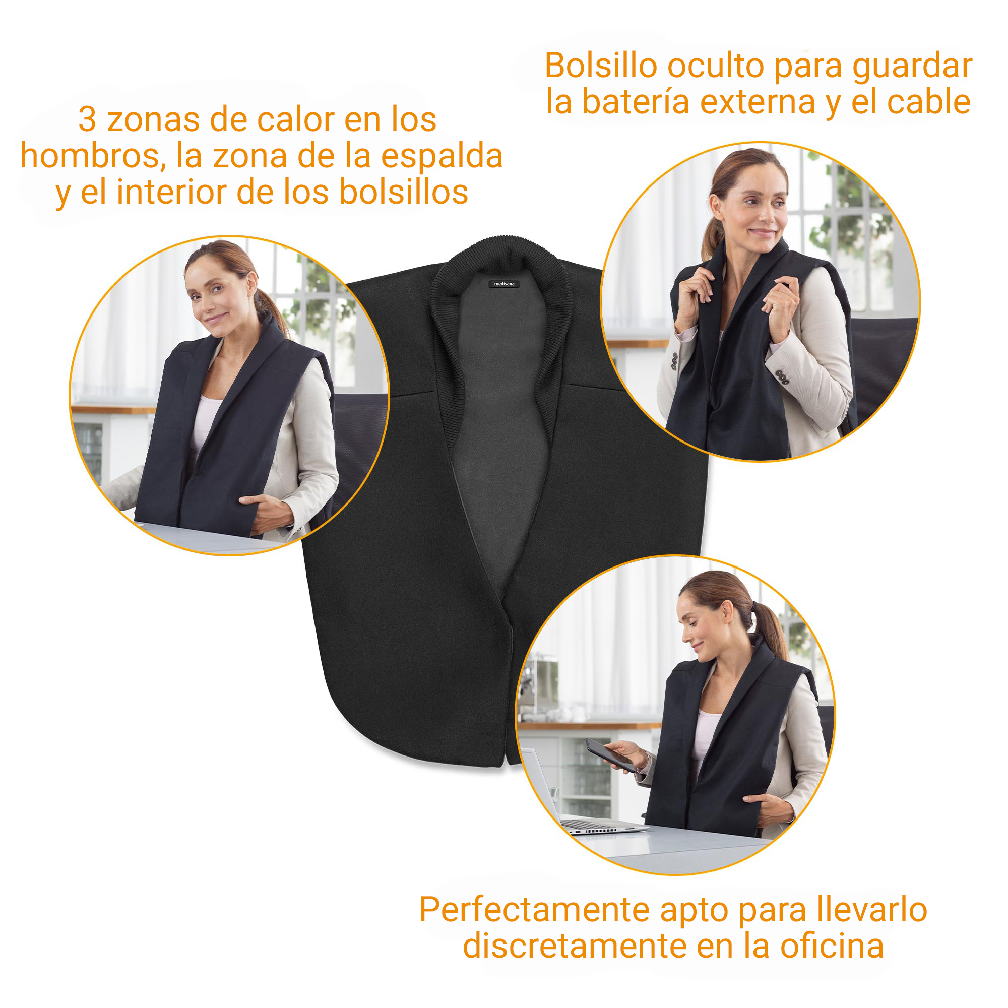 Chaleco negro calefactado con 3 zonas de calor, discreto para la oficina.