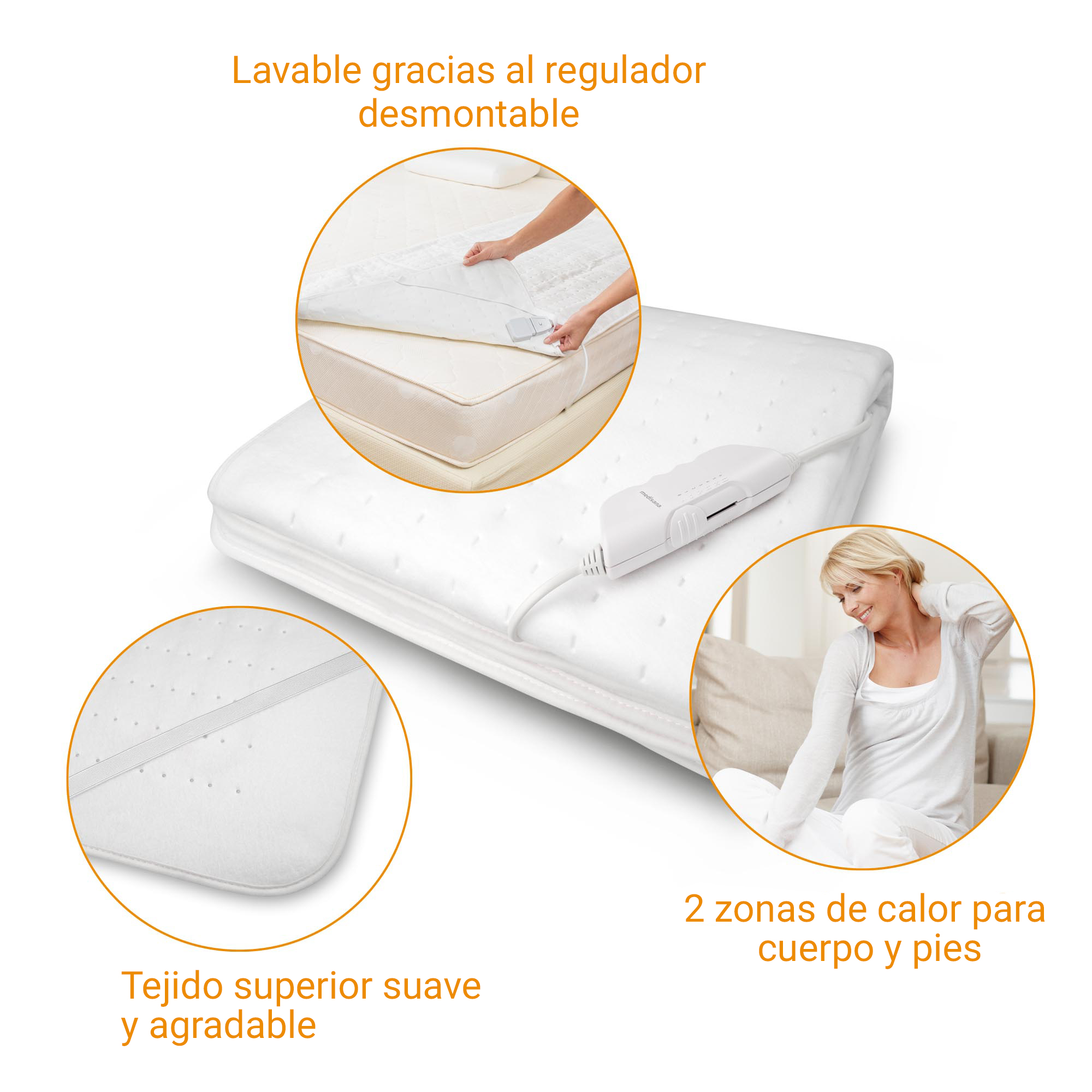 Una coperta riscaldata bianca con controller rimovibile, tessuto morbido e due zone.