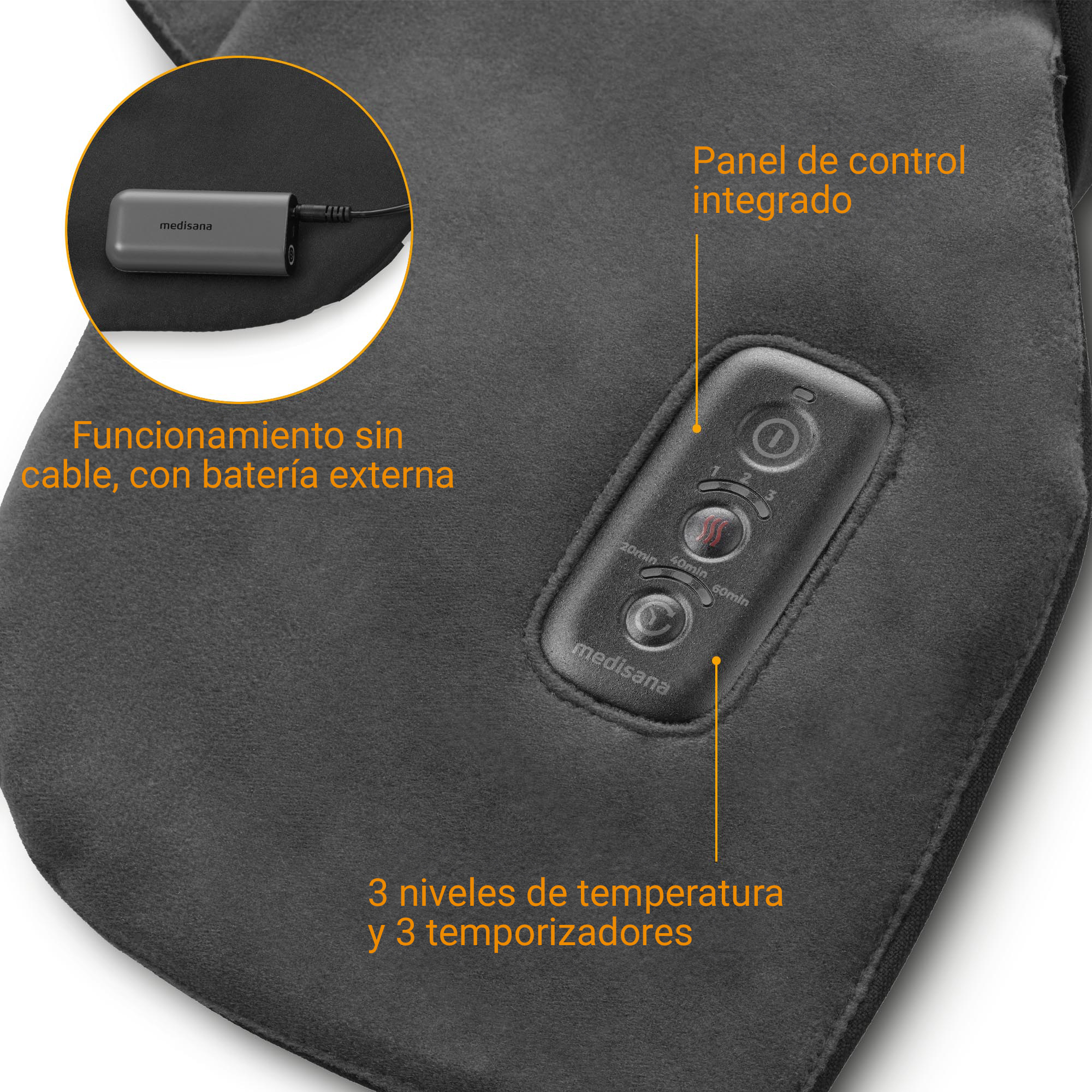 Un cojín térmico negro con batería externa y panel de control integrado.