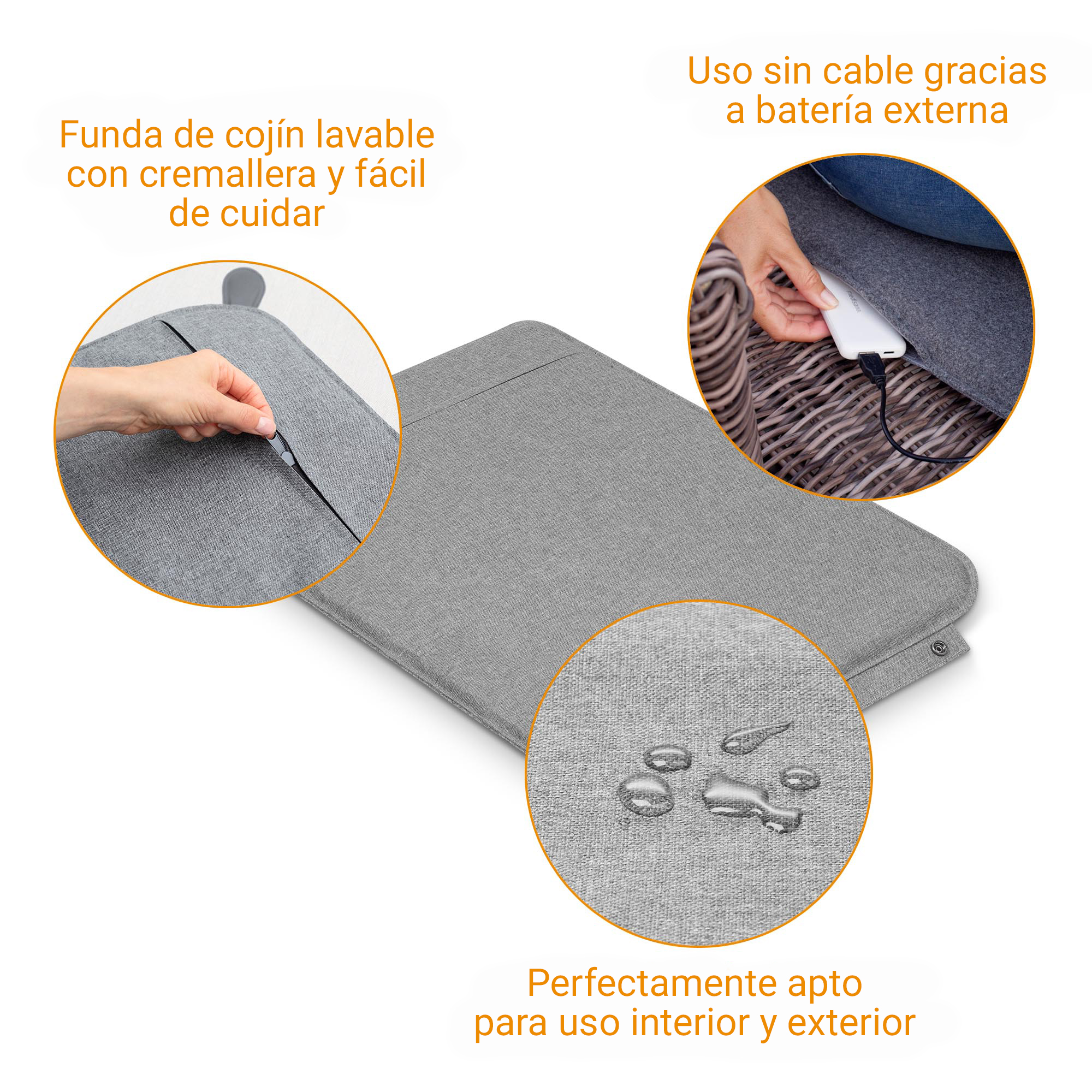Funda de cojín gris con cremallera, repelente al agua, carga con batería externa.