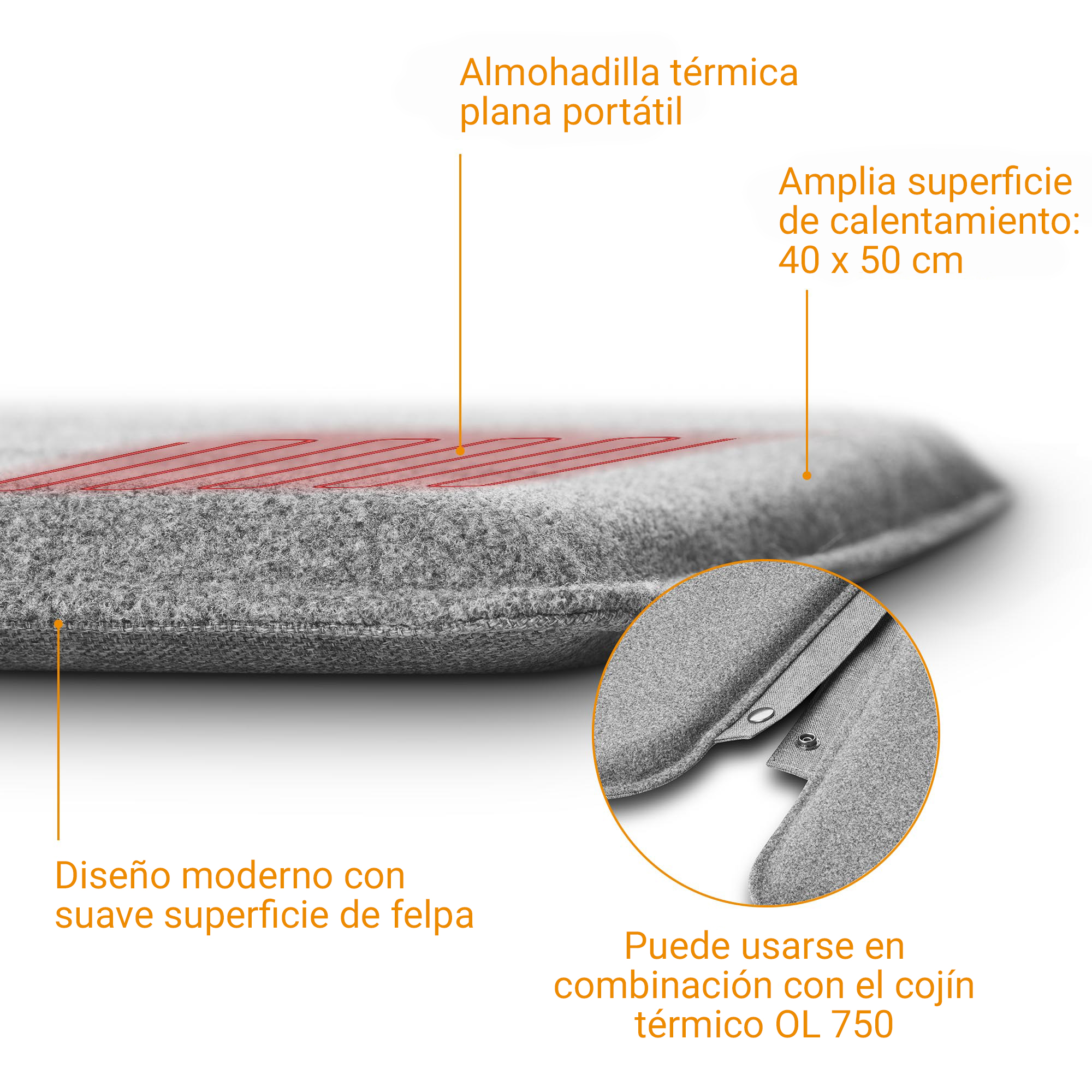 Almohadilla gris con patrón de calentamiento rojo y broches.