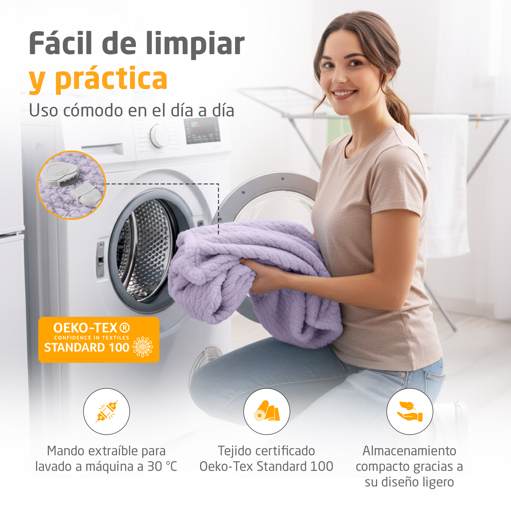 Eine Frau lädt eine lila Decke in eine Waschmaschine. OEKO-TEX® Zertifizierung.