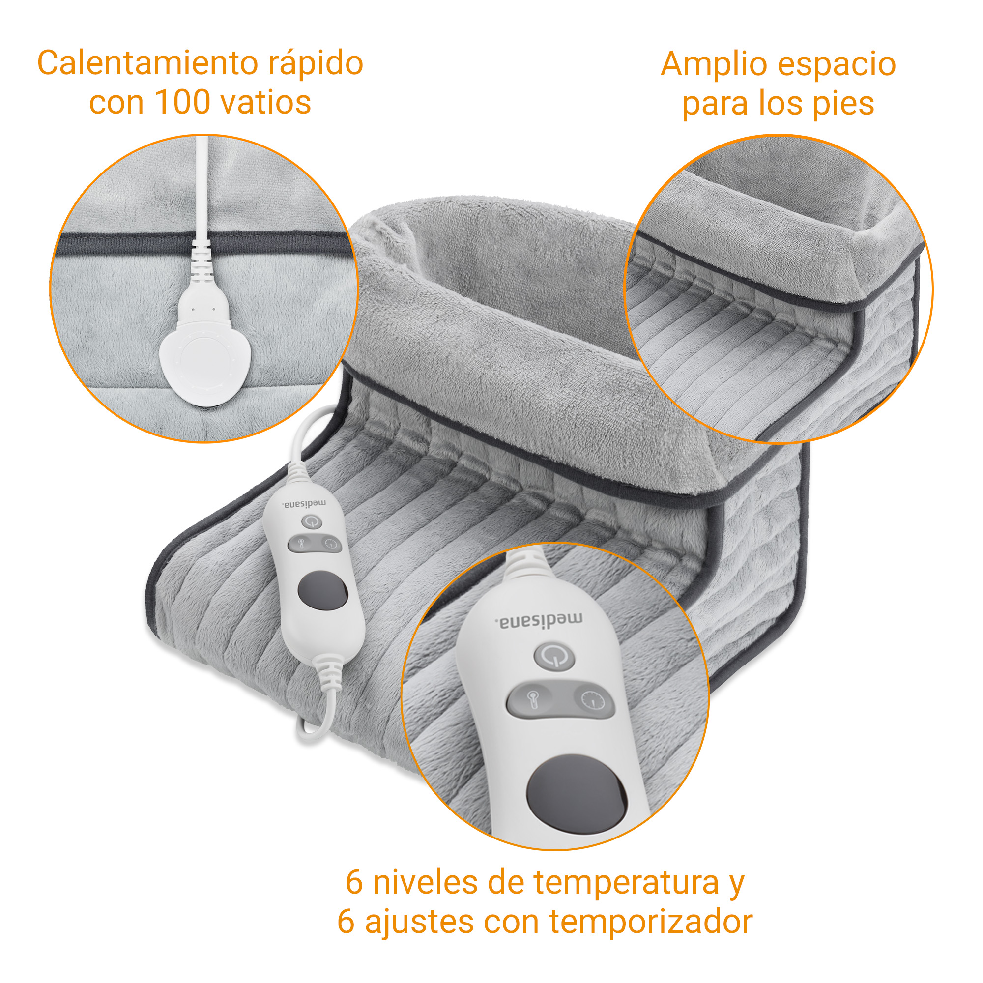 Calentador de pies gris con control blanco y cable. 100 vatios.
