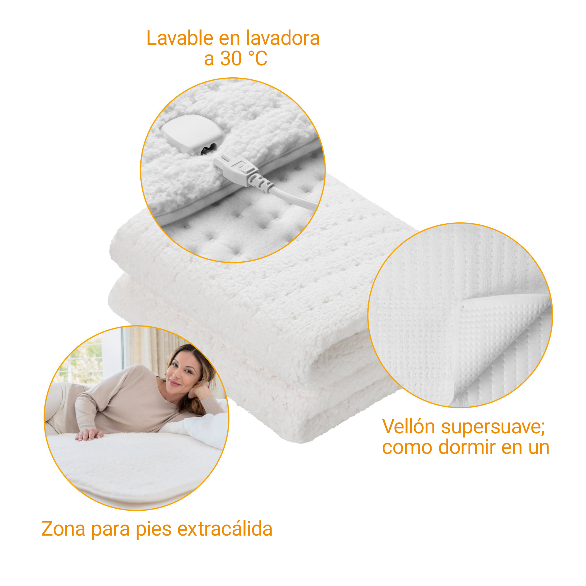Coperta elettrica bianca con spina. Donna sdraiata sopra. Lavabile a 30°C.