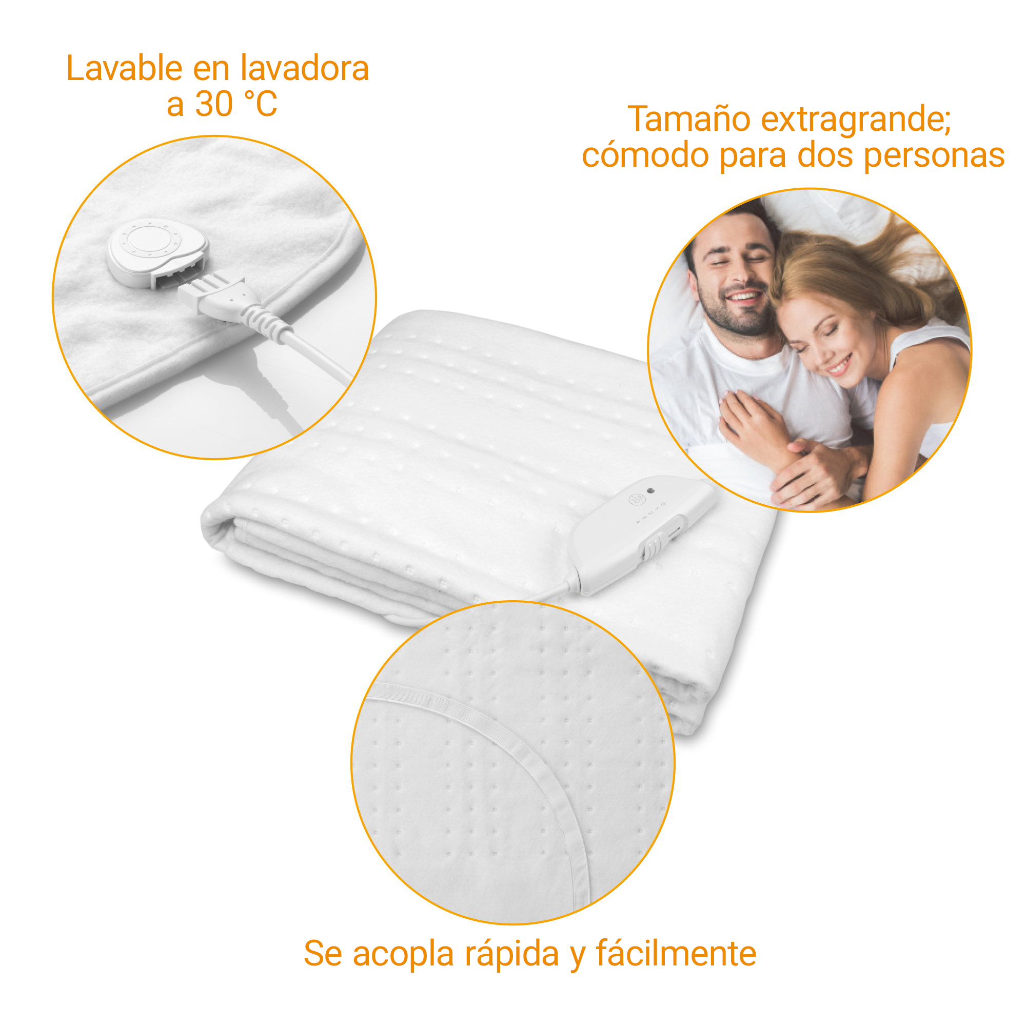 A white electric blanket with controller and a couple cuddling in bed.