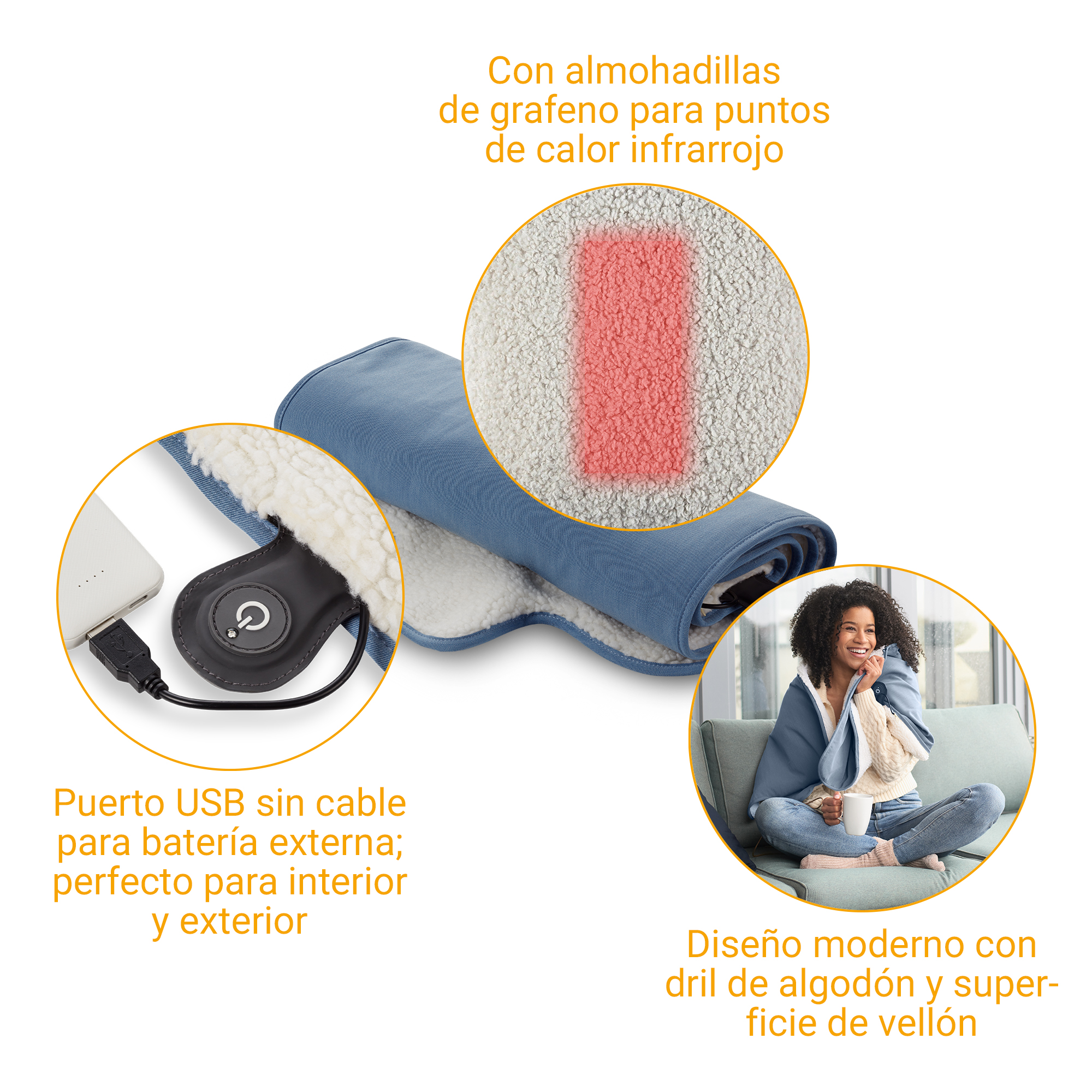 Manta térmica azul con puerto USB, almohadillas de grafeno y forro polar.