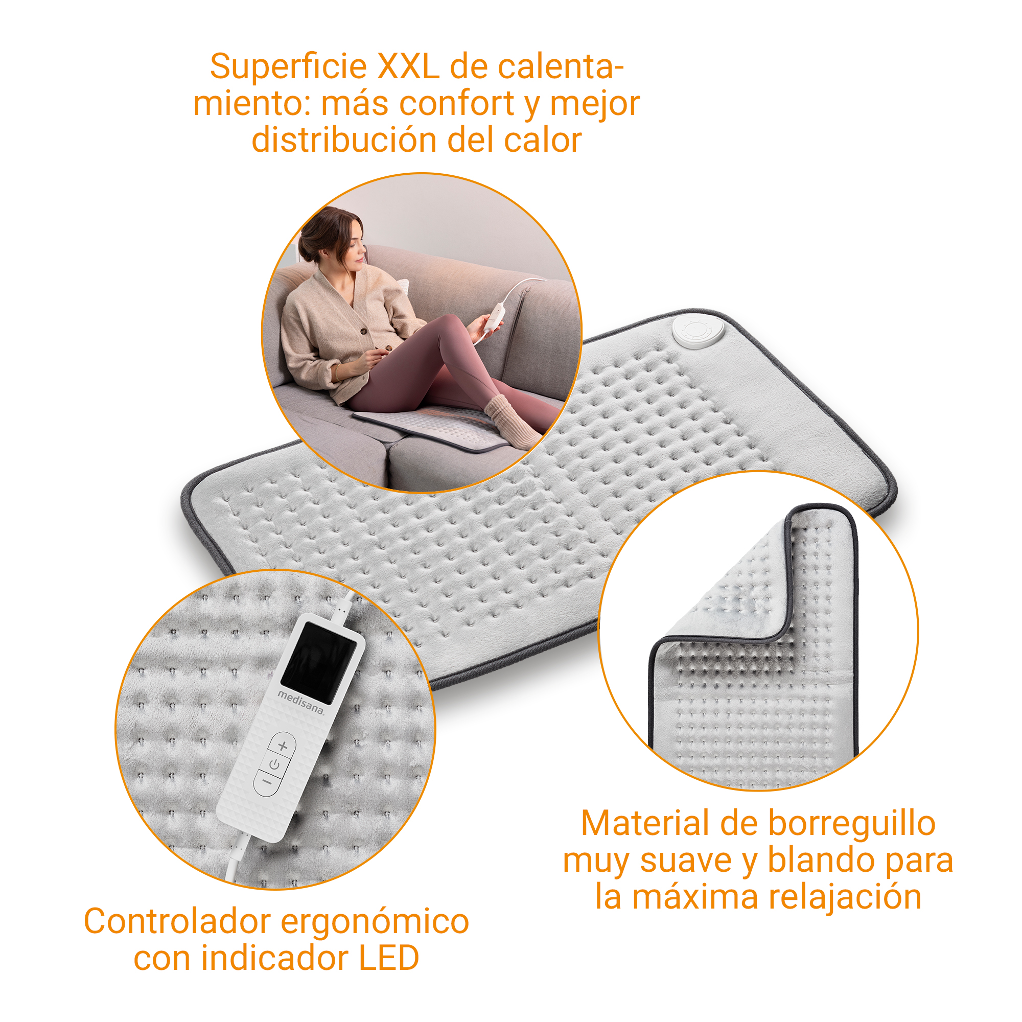 Manta eléctrica gris con mando y mujer en sofá