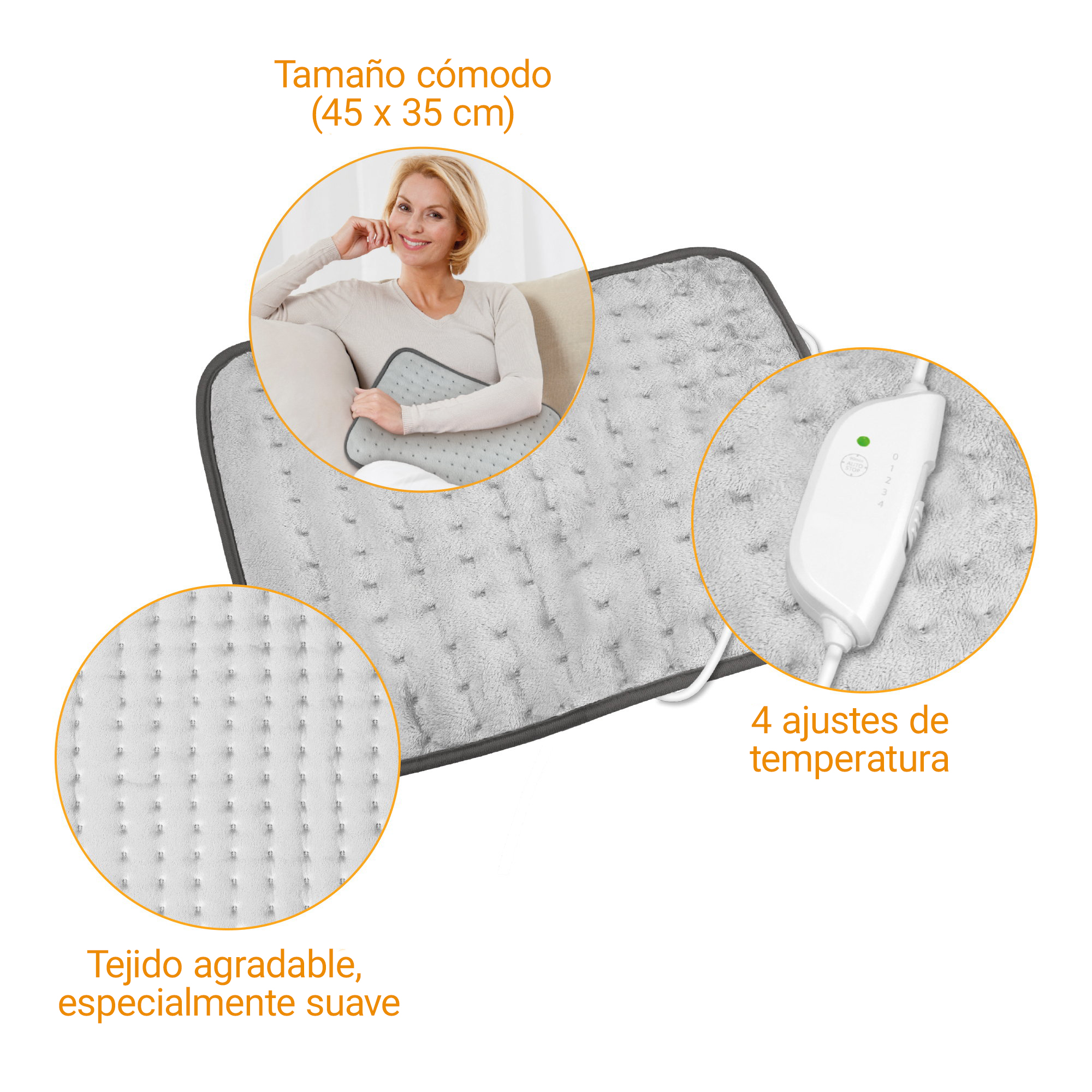 Gray heating pad (45x35cm) with controller and soft fabric.