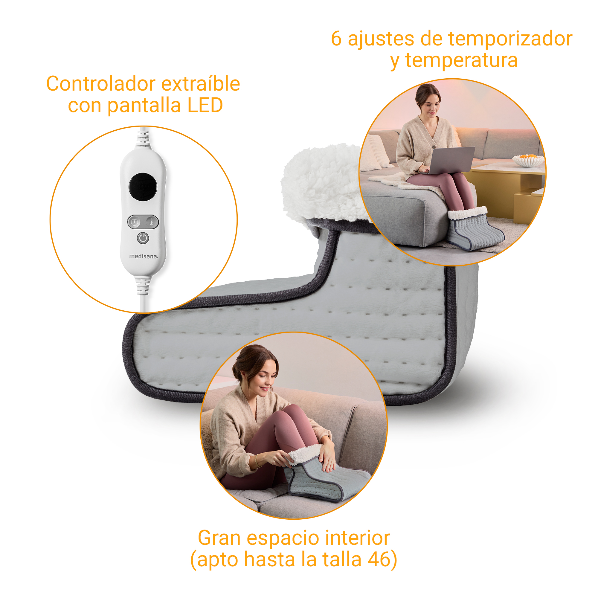 Pantufla térmica gris con control LED extraíble, para pies hasta talla 46.