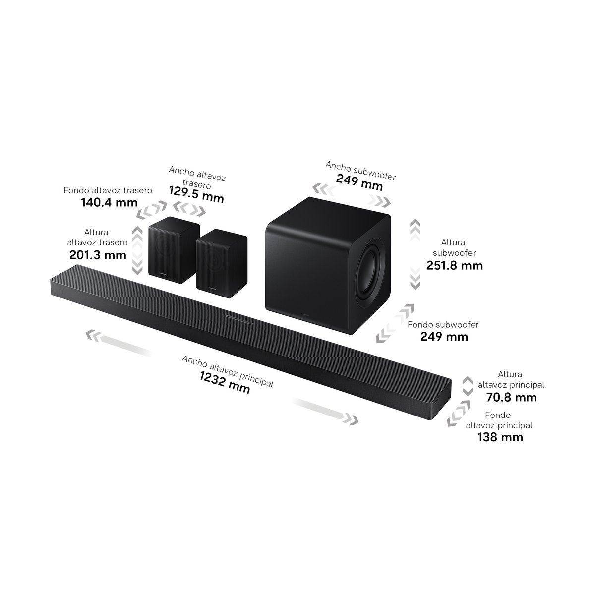 Barre de son noire avec caisson de basses et haut-parleurs, dimensions indiquées.