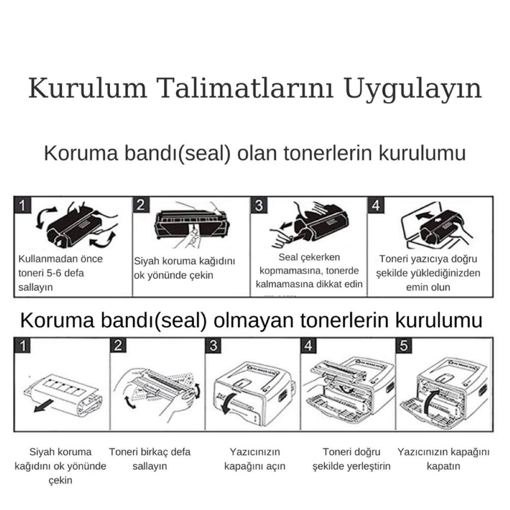 Mühürü/bandı olan/olmayan toner kurulumu. 4 adımlı mühürlü, 5 adımlı mühürsüz.