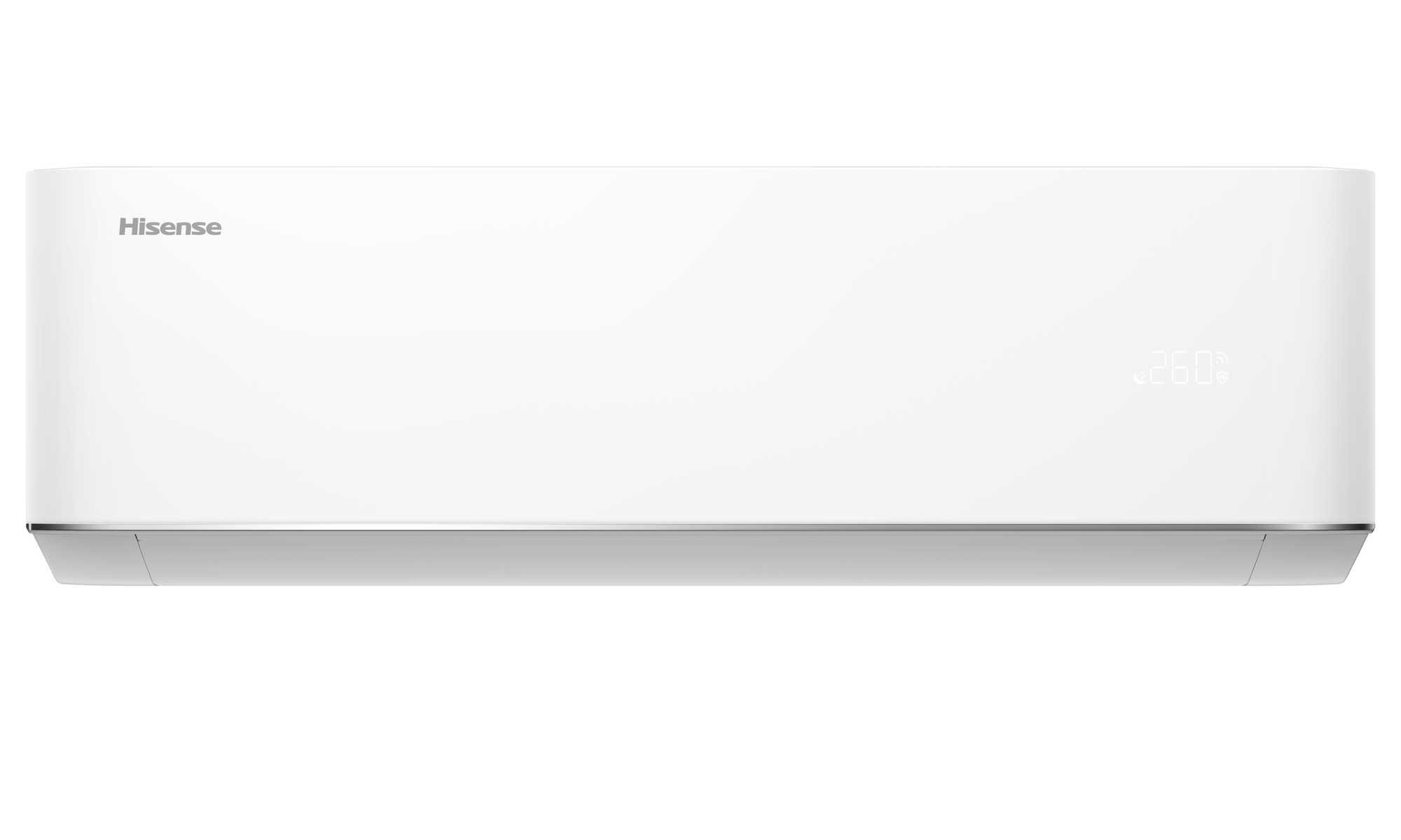 Un aire acondicionado Hisense blanco con pantalla digital que muestra 26 grados.
