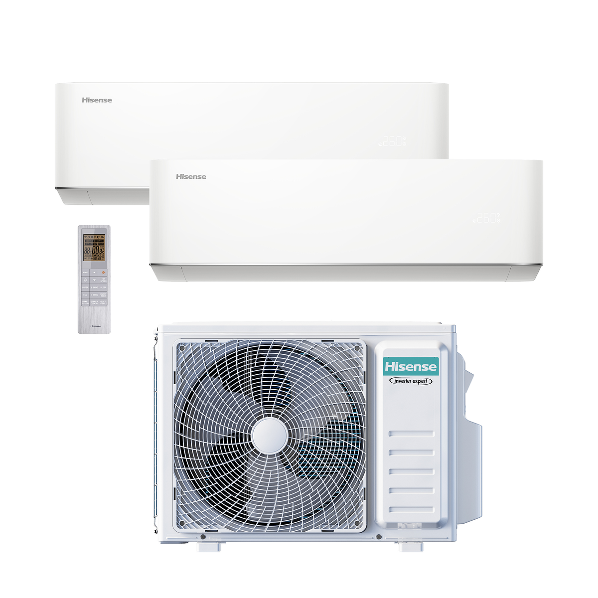 Dos aires acondicionados Hisense blancos, control remoto y unidad exterior.